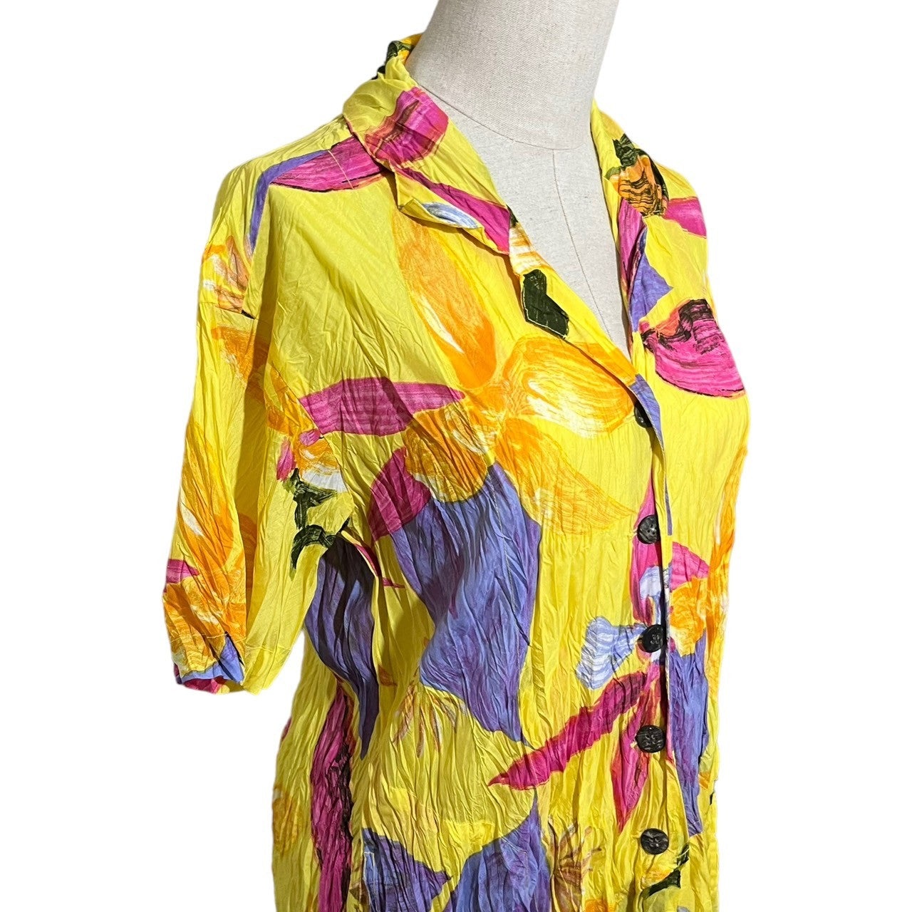 ISSEY MIYAKE(イッセイミヤケ) 06SS Floral wrinkle pleat S/S dress フローラル シワ プリーツ 半袖 ワンピース IM61-FH933 M イエロー 花 ドレス
