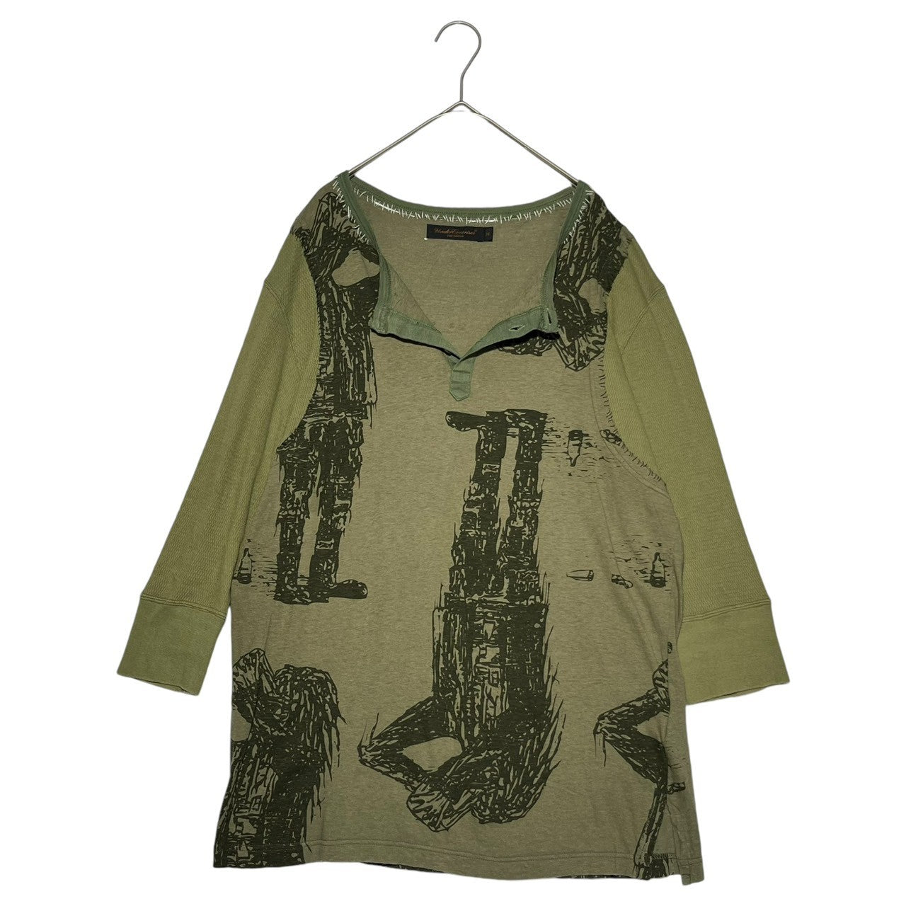 UNDERCOVERISM(アンダーカバイズム) 03SS SCAB期 Hand stitched long sleeve henley neck cut and sew ハンドステッチ 長袖 ヘンリーネック カットソー スキャブ 稀少 M カーキ×ブラック