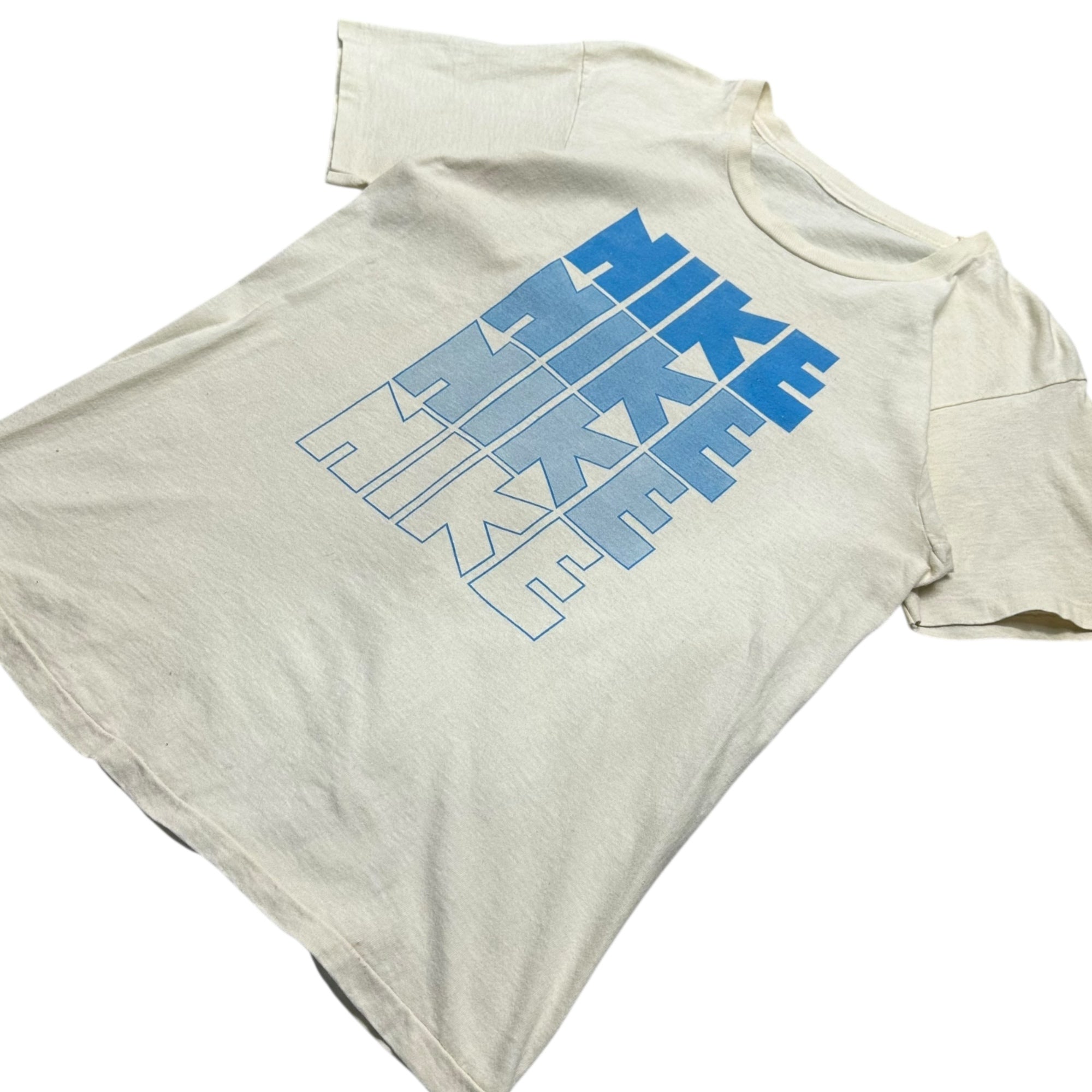 NIKE(ナイキ) 80's 4-tier logo print T-shirt ゴツ ナイキ 4段 プリント Tシャツ 表記無し(M程度) ベージュ×ブルー 80年代 オリジナル ヴィンテージ