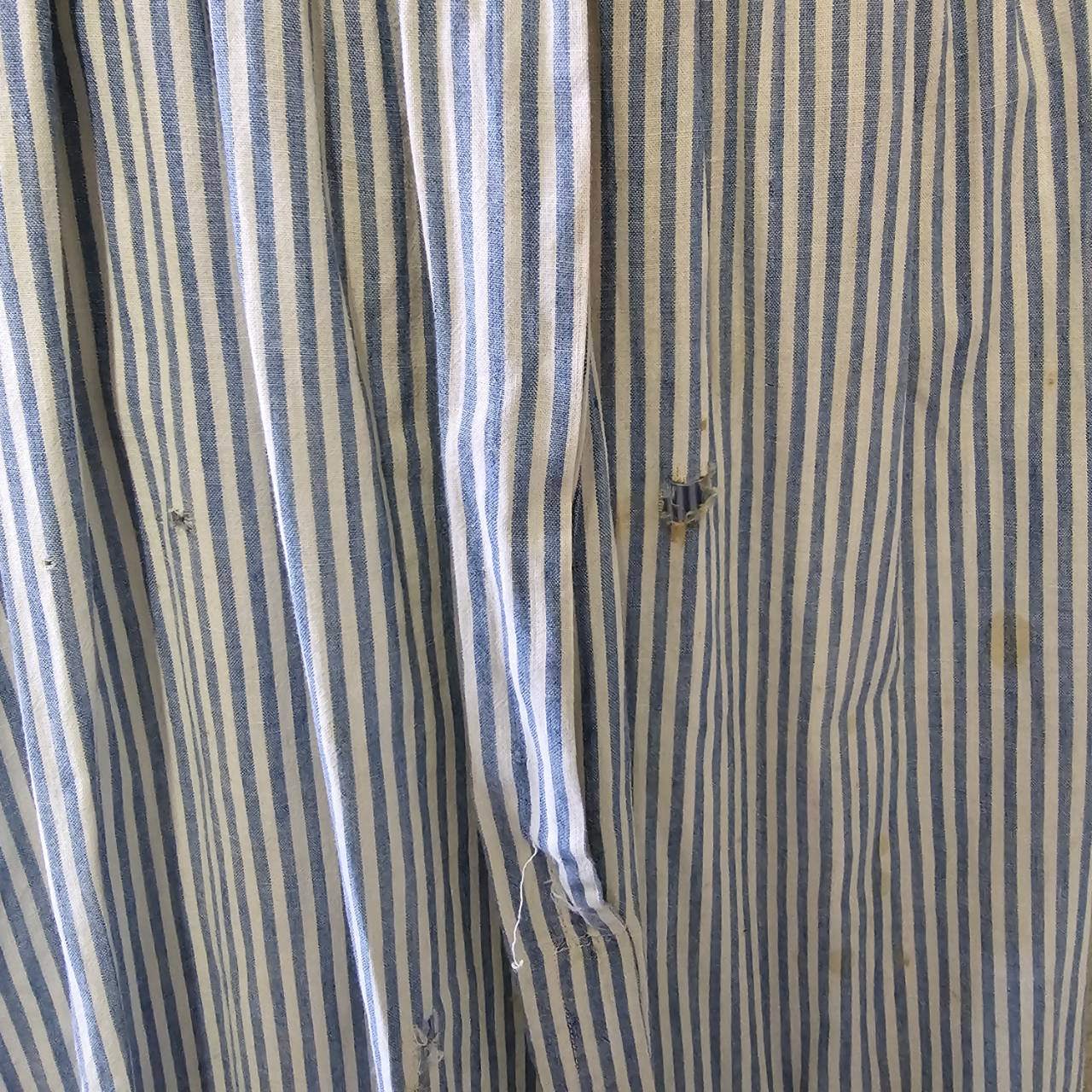 Euro antique(ヨーロッパアンティーク) 20's~ frenchcuffs cotton gather stripe onepiece フレンチカフスのコットンギャザーロングワンピース 表記無し(M~L程度) / 細かなダメージ有 ブルー×ホワイト