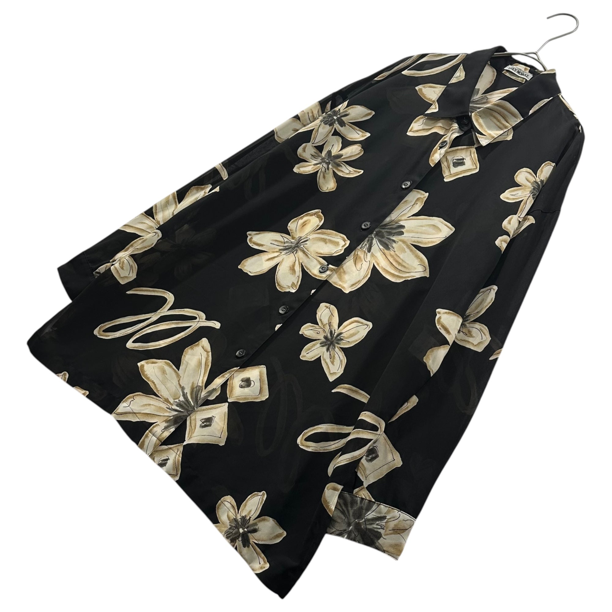 ISSEY MIYAKE(イッセイミヤケ) 1993SS Large Ink Wash Flower Print Sheer Shirt 大輪の水墨花 シアー シャツ IM91-JF343 M ブラック 90's 90年代 メンズ着用可