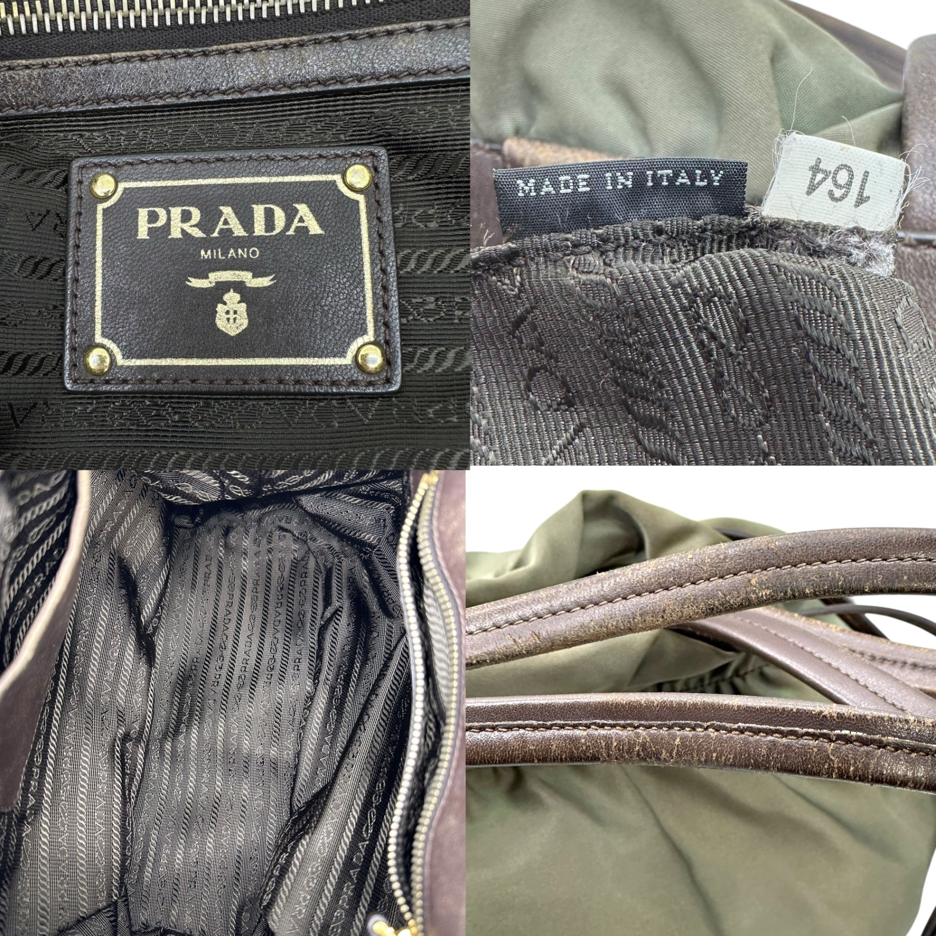 PRADA(プラダ) Logo Nylon Drawstring Tote Bag ロゴ ナイロン 巾着 トート バッグ BR4366 オリーブ×ブラウン ハンド 肩掛け ワンショルダー