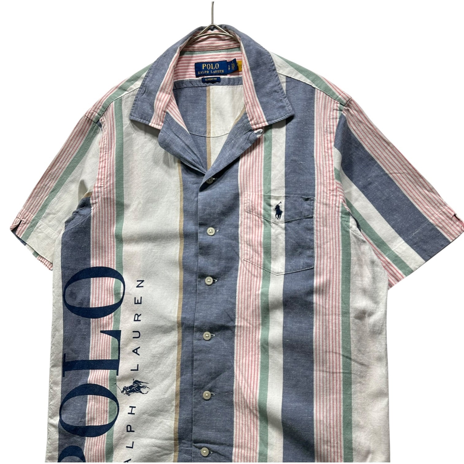 POLO RALPH LAUREN(ポロラルフローレン) Side Logo Stripe Open-Collar Shirt サイド ロゴ ストライプ オープンカラー シャツ 開襟 S ブルー×ピンク