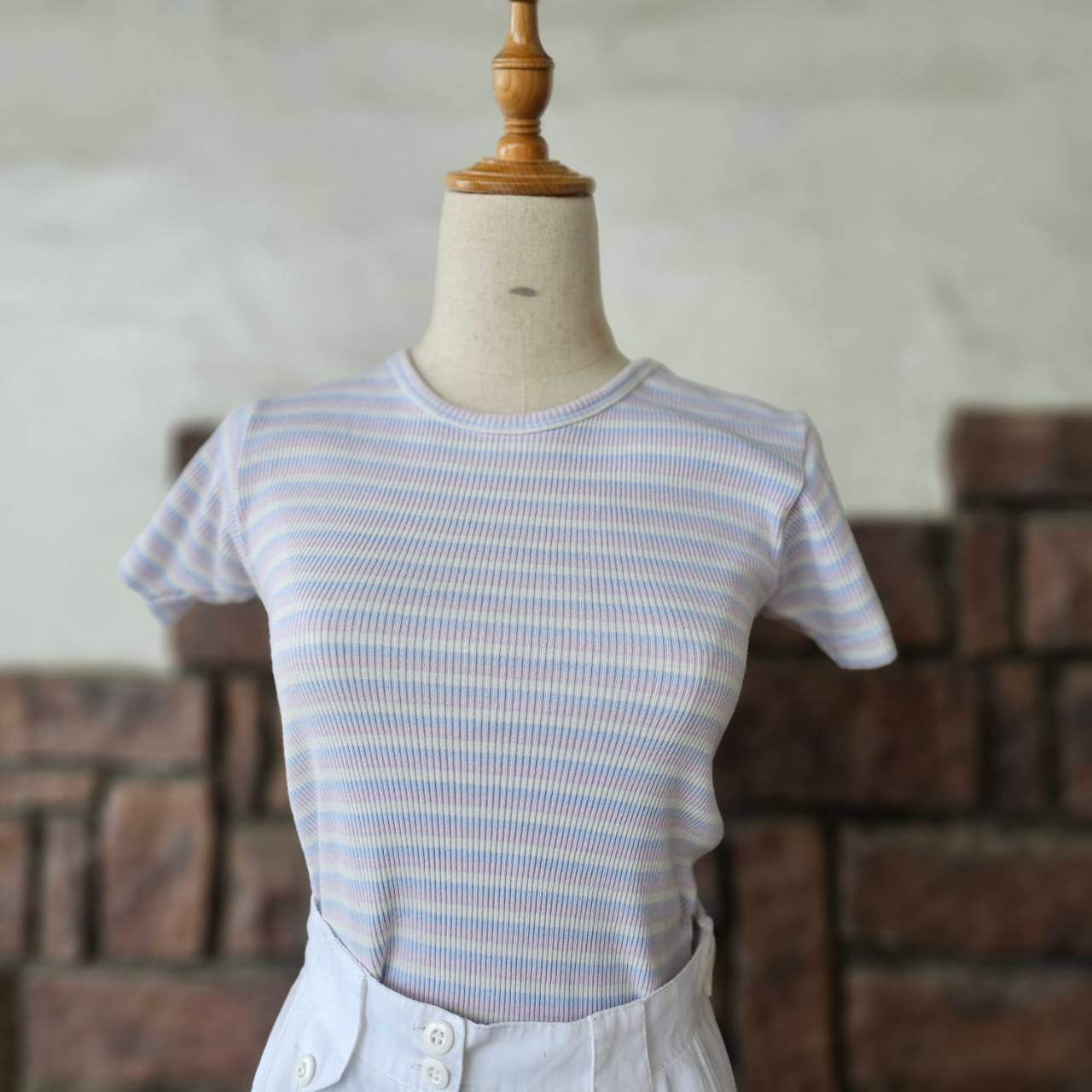 Euro vintage(ヨーロッパヴィンテージ) 70's~pale blue pink white pin stripe mini tee ペールトーンなミニTシャツ Sサイズ マルチカラー