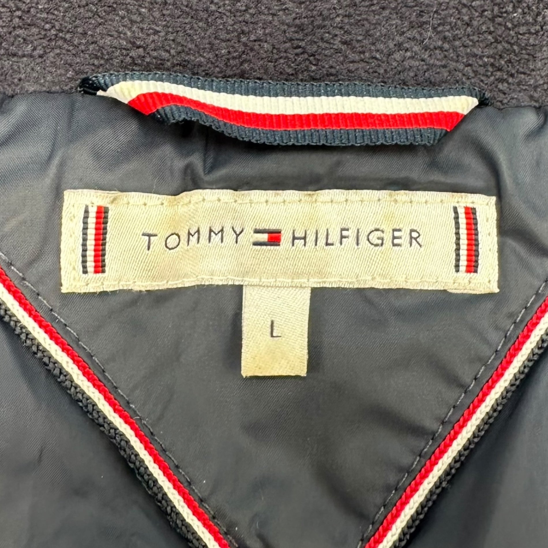 TOMMY HILFIGER(トミーヒルフィガー) Hooded eco-fur down vest フーデッド エコファー ダウン ベスト L ネイビー