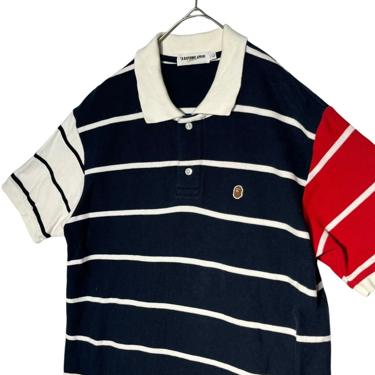 A BATHING APE(アベイシングエイプ) 00's Border one point logo polo shirt アシンメトリー ボーダー ワンポイント ロゴ ポロシャツ L ネイビー×ホワイト