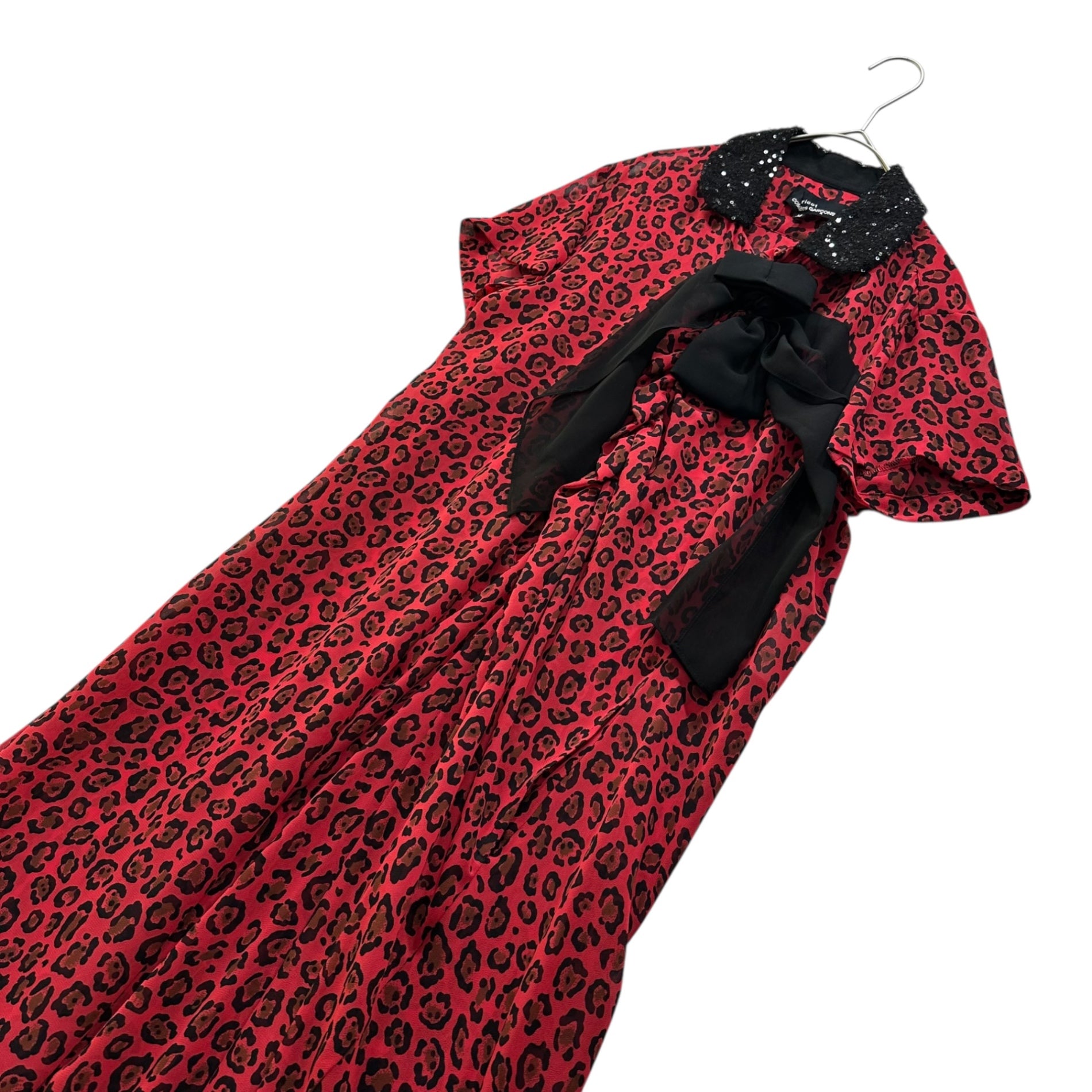 tricot COMME des GARCONS(トリココムデギャルソン) 12SS Sequin Collar Leopard Print Ribbon Blouse スパンコールカラー レオパード リボン ブラウス TI-O014 M レッド×ブラック AD2011