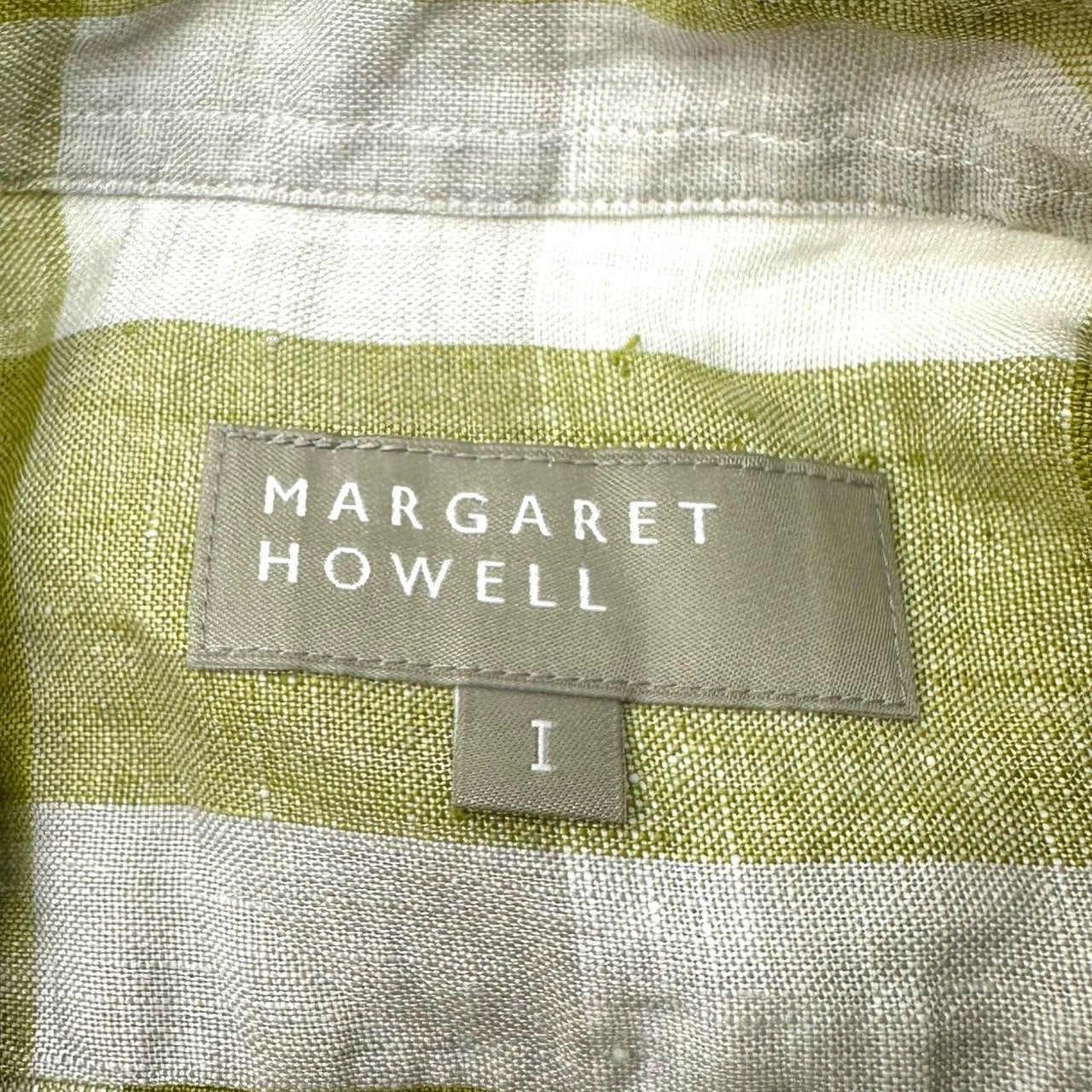MARGARET HOWELL(マーガレットハウエル) Linen Block Check Short-Sleeved Shirt リネン ブロック チェック 半袖 シャツ 578-9152014 1(S程度) イエローグリーン(黄緑系のくすんだカラー)