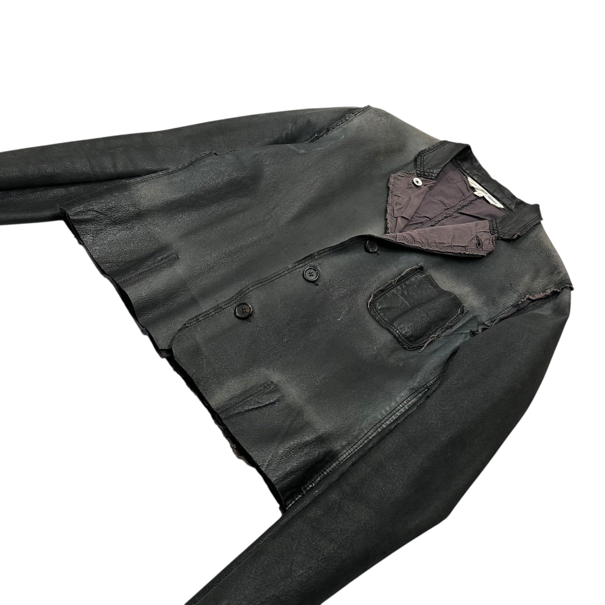 COMME des GARCONS SHIRT(コムデギャルソンシャツ) 90's Small Collar Grunge Short-Length Leather Jacket 90年代 スモールカラー グランジ ショートレングス レザー ジャケット S グレー 裾カットオフリメイク