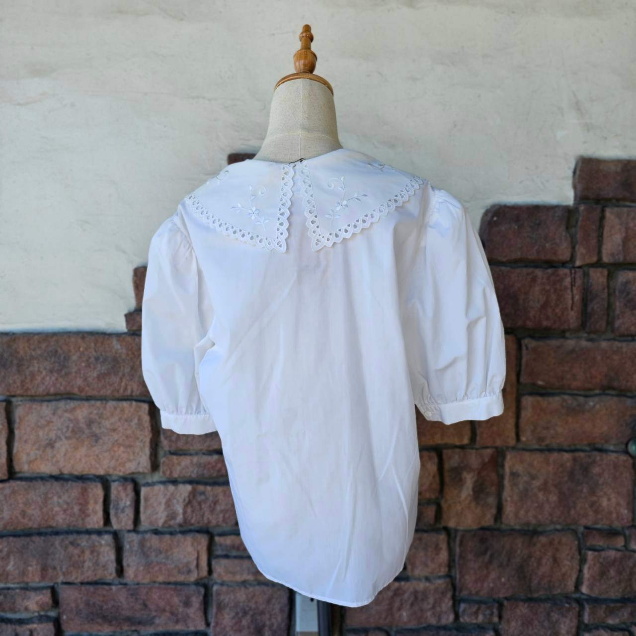 vintage(ヴィンテージ) 80'~90's big lace collar shortsleeve puffblouse 大きなレース衿の半袖パフスリーブブラウス 表記無し(M~Lサイズ程度) ホワイト デザインボタン