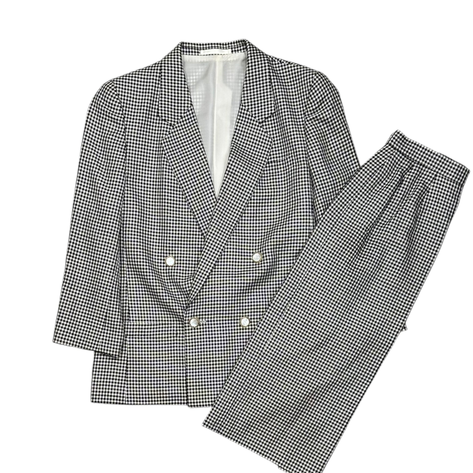 Burberry’s(バーバリーズ) 1990's Houndstooth Double-Dreasted Blazer Setup 千鳥柄 ダブル ブレザー スカート セットアップ FJ051-666 7AR ホワイト×ブラック 90年代 ヴィンテージ テーラード ジャケット ウール シルク 上下