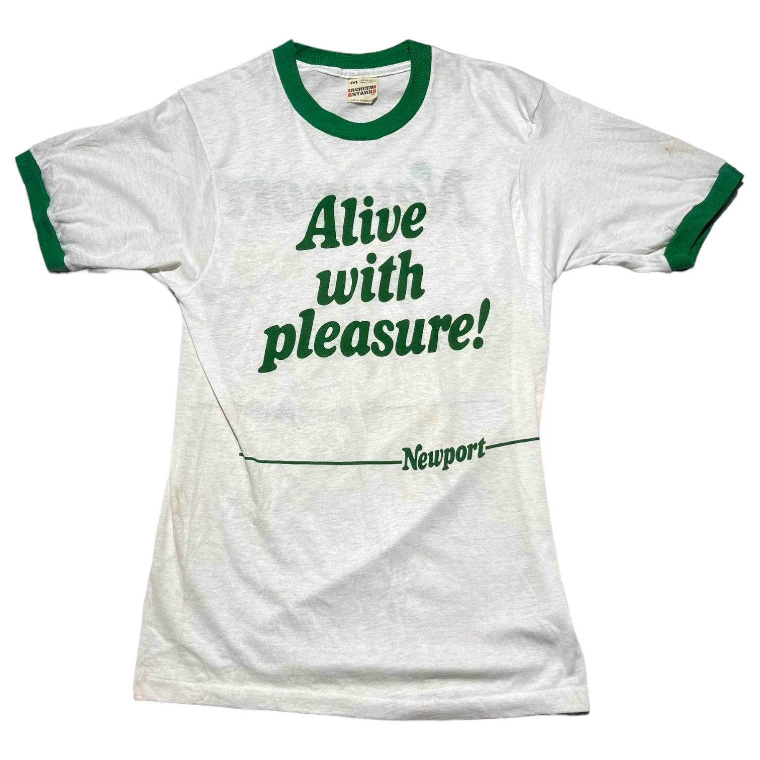 SCREEN STARS(スクリーンスターズ) 80’s "Alive with pleasure" ringer t-shirt リンガー Tシャツ M ホワイト×グリーン 80年代 Newport 著名人着用モデル タバコ シガレット