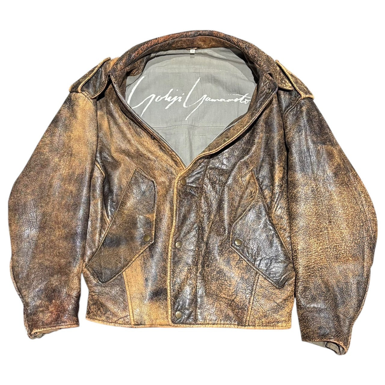 YOHJI YAMAMOTO(ヨウジヤマモト) 80's Inside brand logo lambskin single leather jacket short length 80年代 内側 ブランド ロゴ ラムスキン シングル レザー ジャケット 短丈 M ブラウン