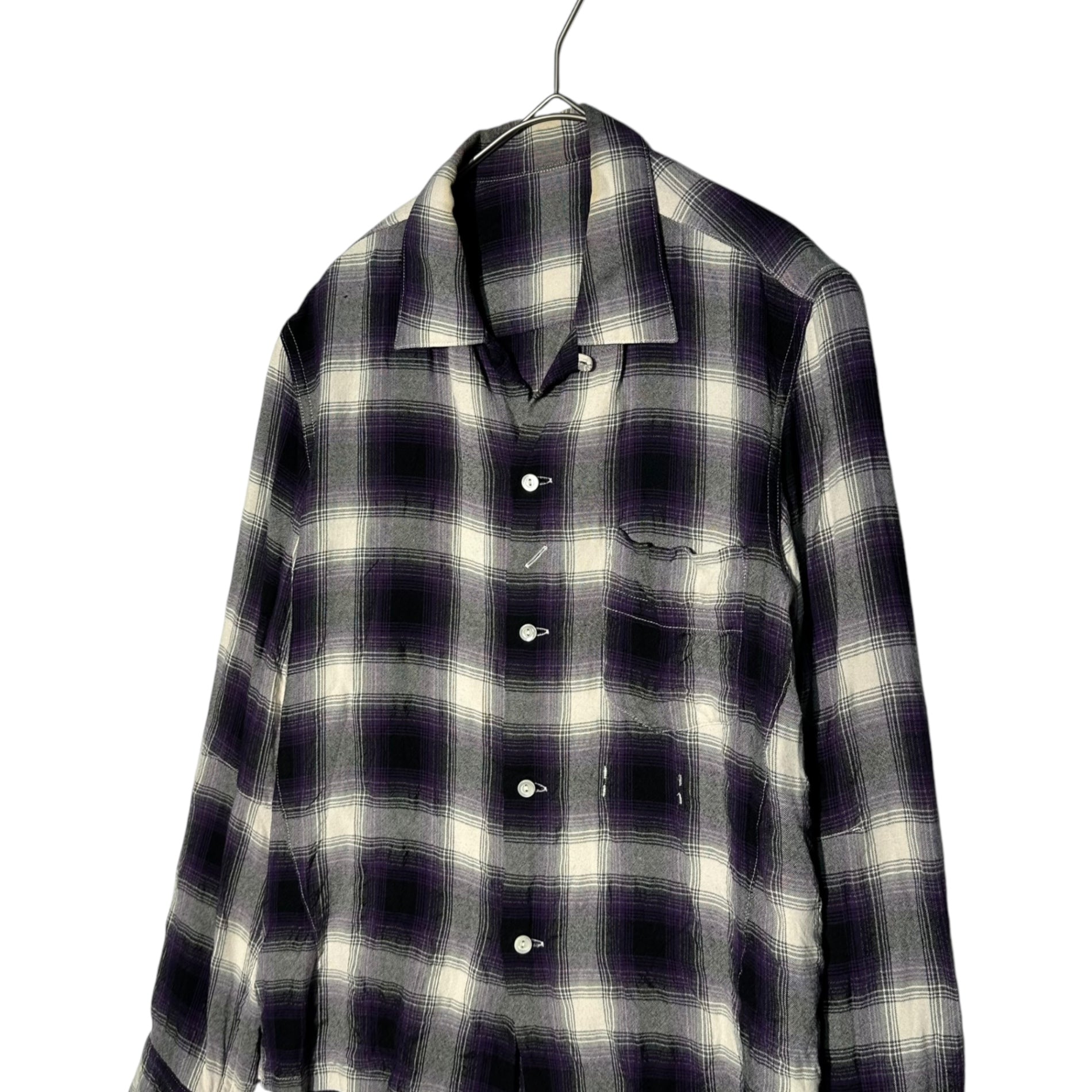 NUMBER (N)INE(ナンバーナイン) 09SS open collar check shirt オープンカラー チェック シャツ NNS-S902 n(n)ライン 袖裏音符 2(S) パープル