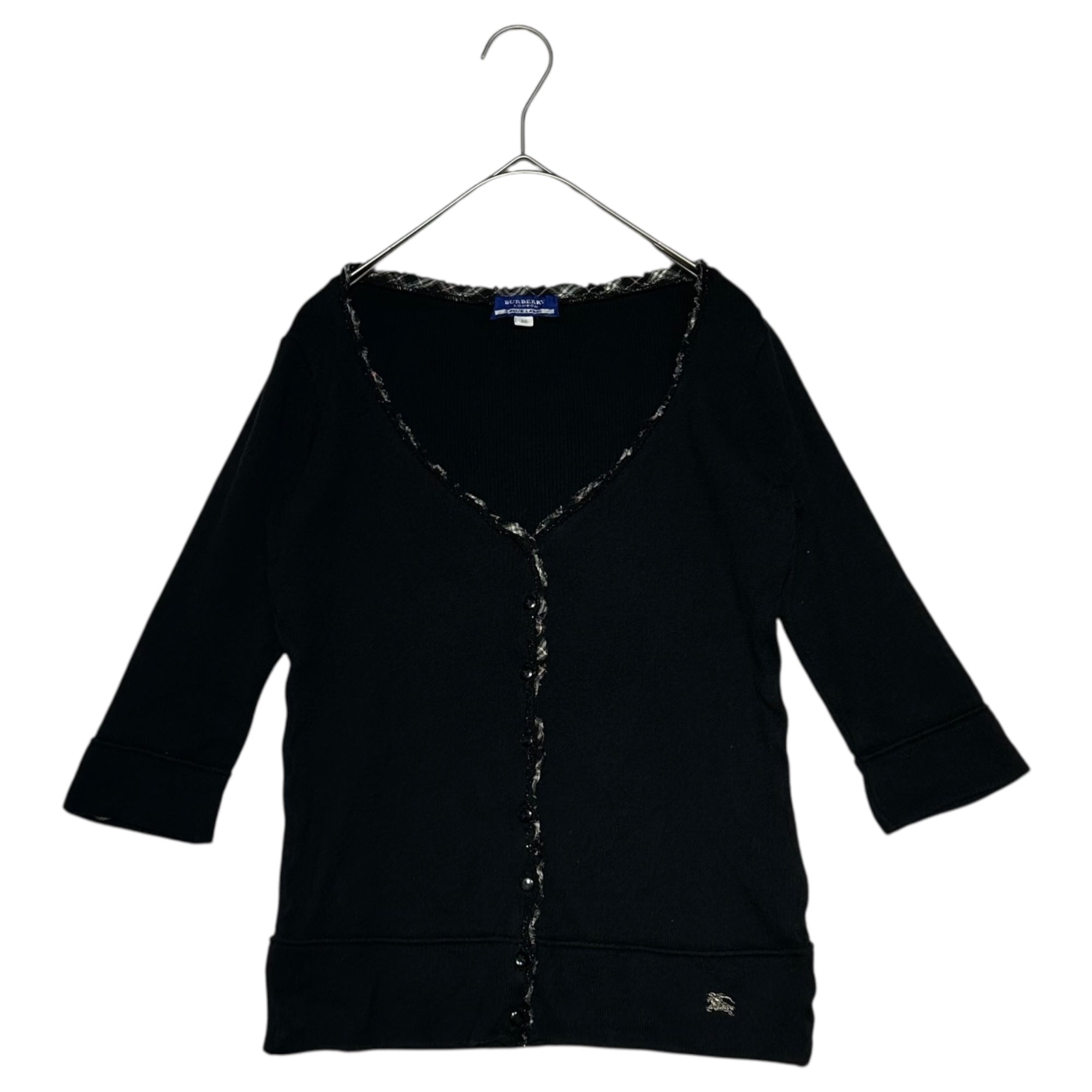 BURBERRY BLUE LABEL(バーバリーブルーレーベル) Front Frill 3/4 Length Sleeve Knit Cardigan フロント フリル 7分袖 ニット カーディガン FBF03-555-09 38(M程度) ブラック