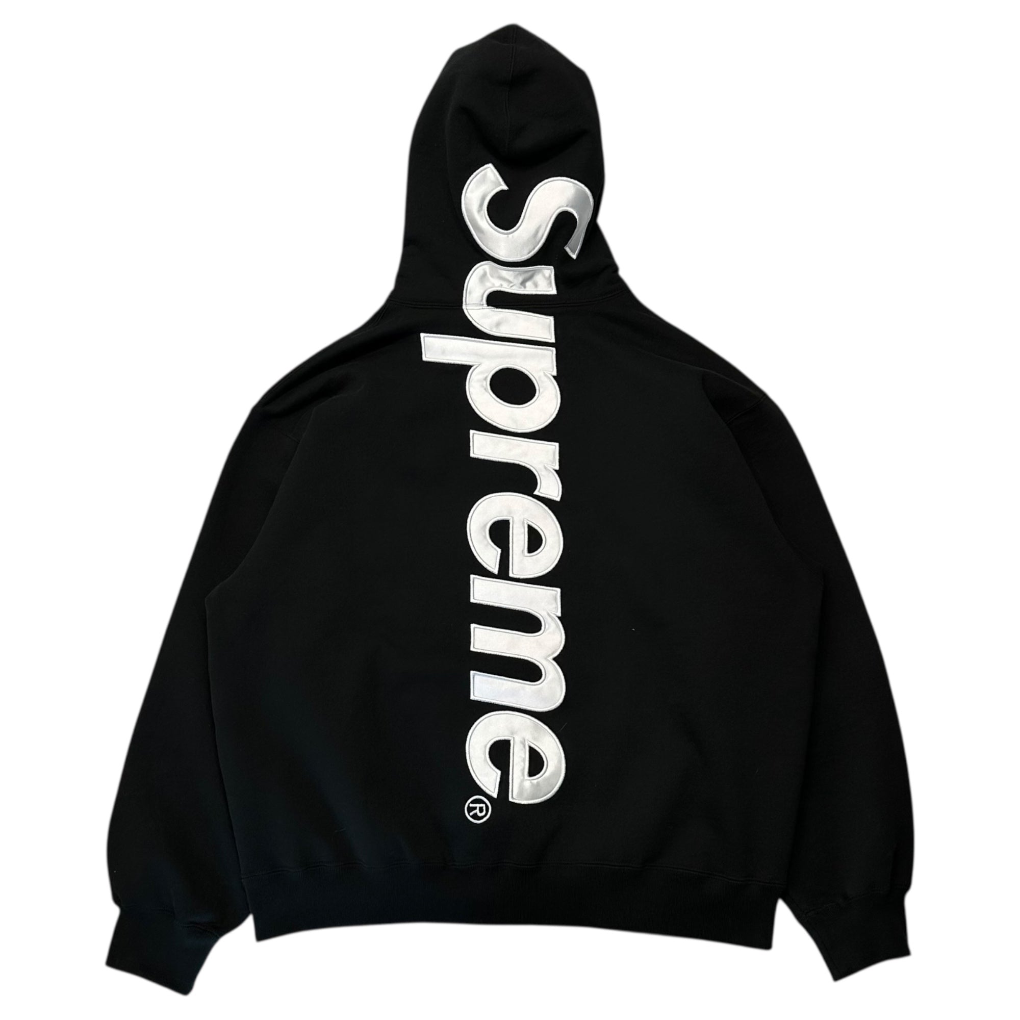 SUPREME(シュプリーム) 25AW Satin Applique Hooded Sweatshirt ロゴ サテン アップリケ プルオーバー パーカー L ブラック×ホワイト 25FW