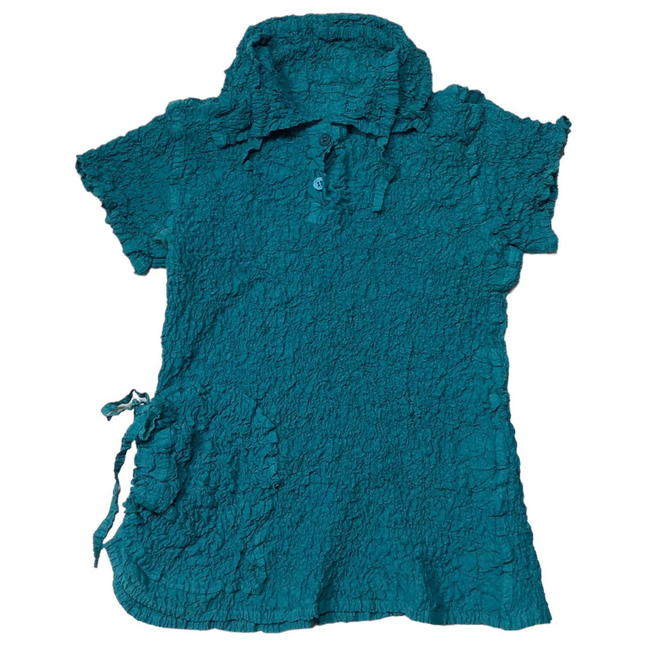 me ISSEY MIYAKE(ミーイッセイミヤケ) 16AW wrinkle pleated polo shirt シワ プリーツ ブラウス MI64FM209 -(FREE) ターコイズブルー リボン 半袖 ポロシャツ