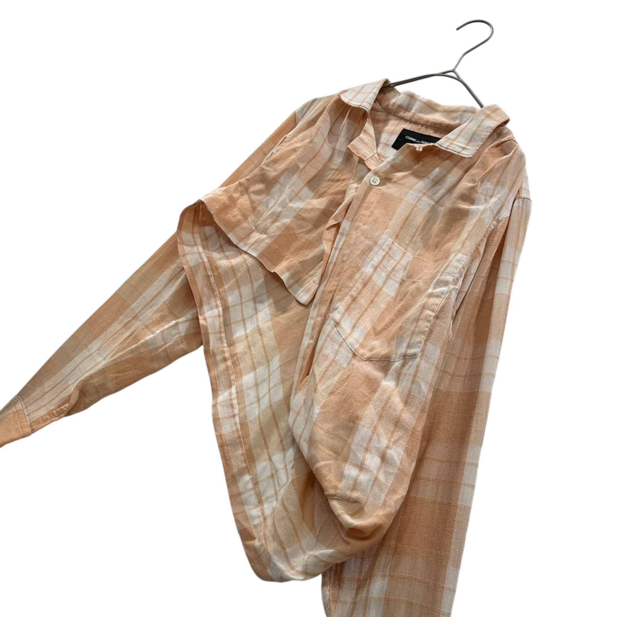COMME des GARCONS FRANCE(コムデギャルソンフランス) 1980's Asymmetrical Check L/S Shirt アシンメトリー 長袖 チェック シャツ S オレンジ×ホワイト 80年代 アーカイブ シアー