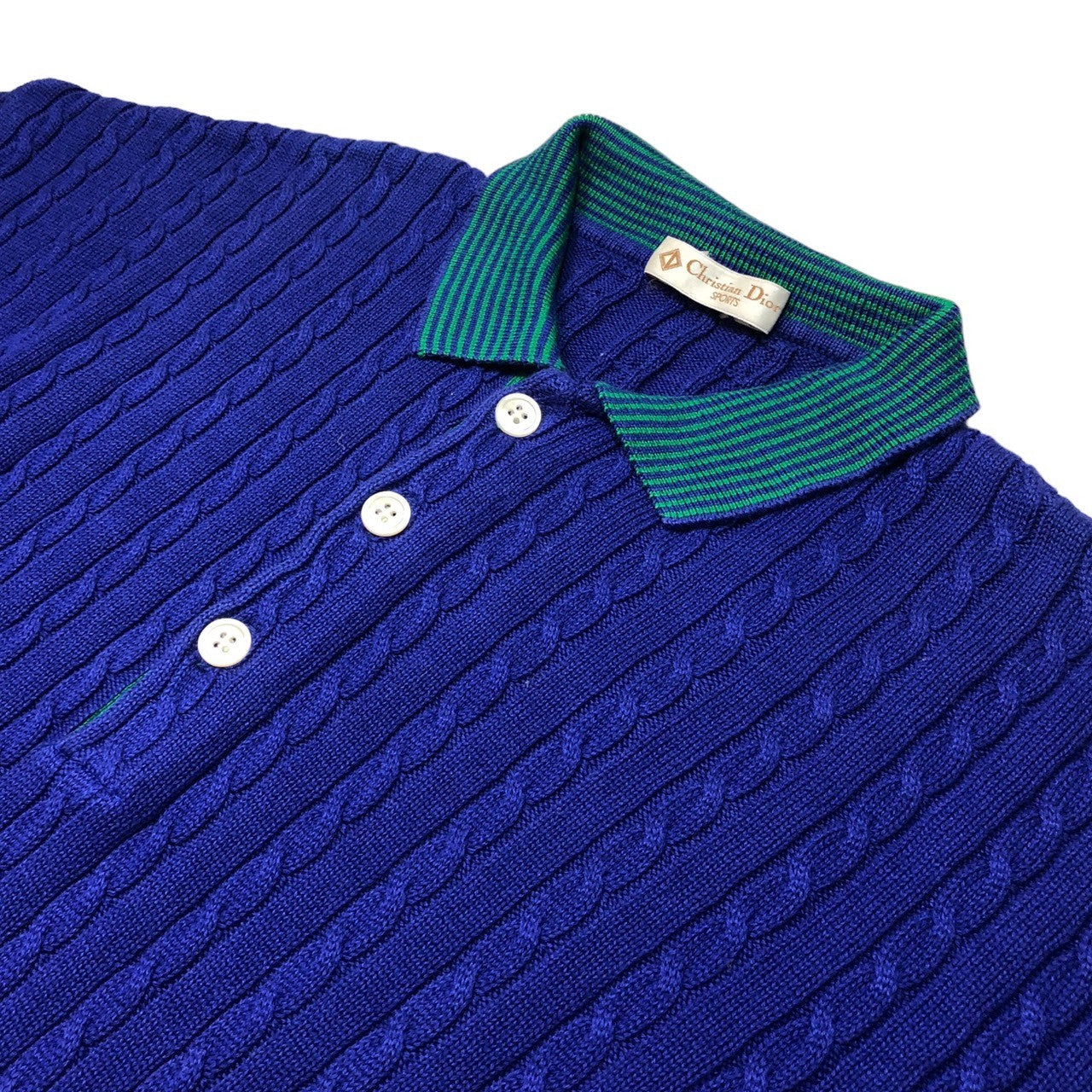 Christian Dior SPORTS(クリスチャンディオールスポーツ) 90's ケーブル ニット ポロシャツ 90年代 ヴィンテージ SIZE L ブルー×グリーン