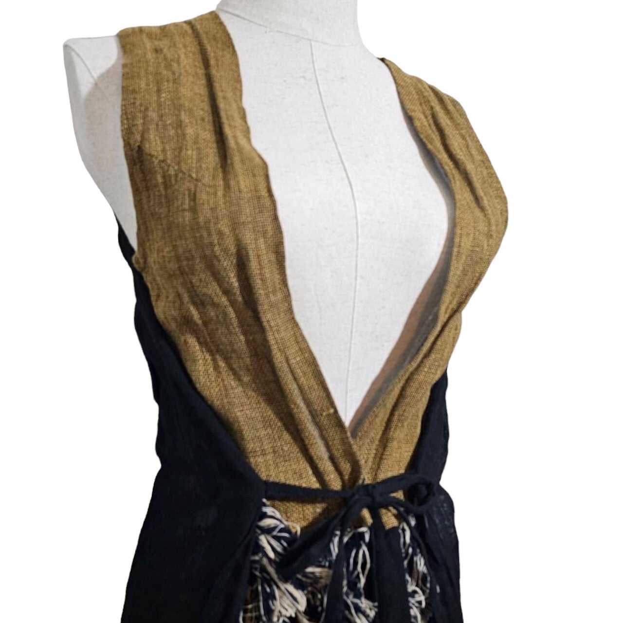 Tabrik(タブリク) フリンジ装飾リネンコットンロングジレ SIZE FREE マスタード×ブラック