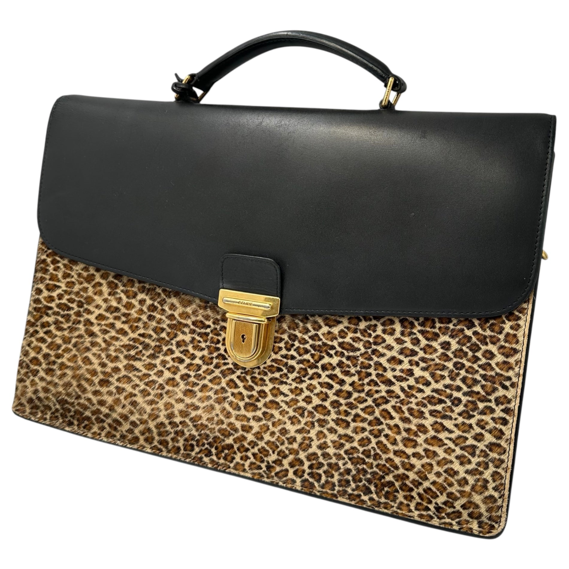 CELINE(セリーヌ) 2019SS By Hedi Slimane Cartable Leopard Briefcase エディ期 カータブル スモール ブリーフケース - レオパード F-MP-2199 ブラック×ブラウン ハンド バッグ ビジネス ハラコ