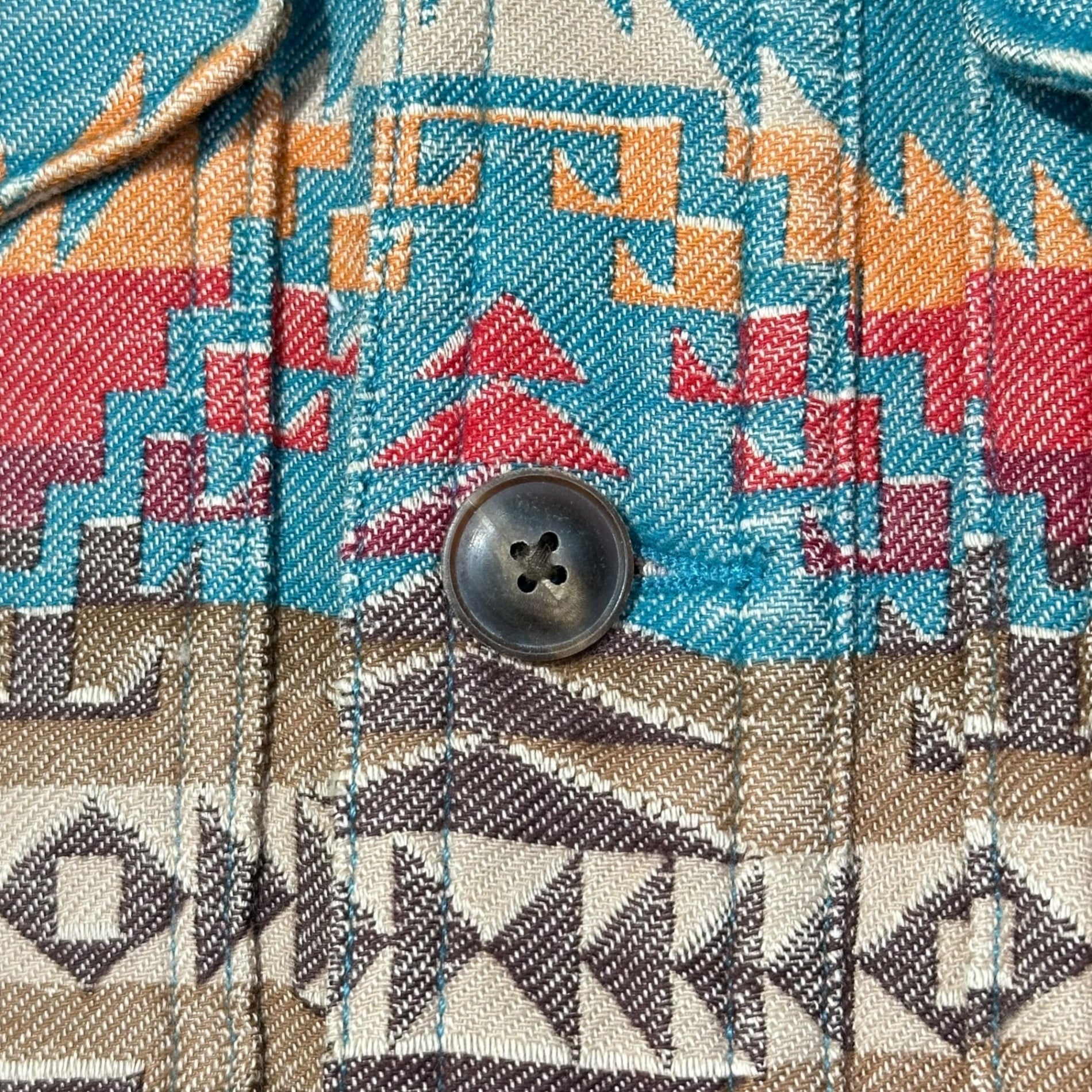 RRL(ダブルアールエル) NATIVE JACQUARD OVER SHIRT ネイティブ柄 コットン ジャガード エルボーパッチ シャツ ジャケット S ターコイズブルー×ブラウン
