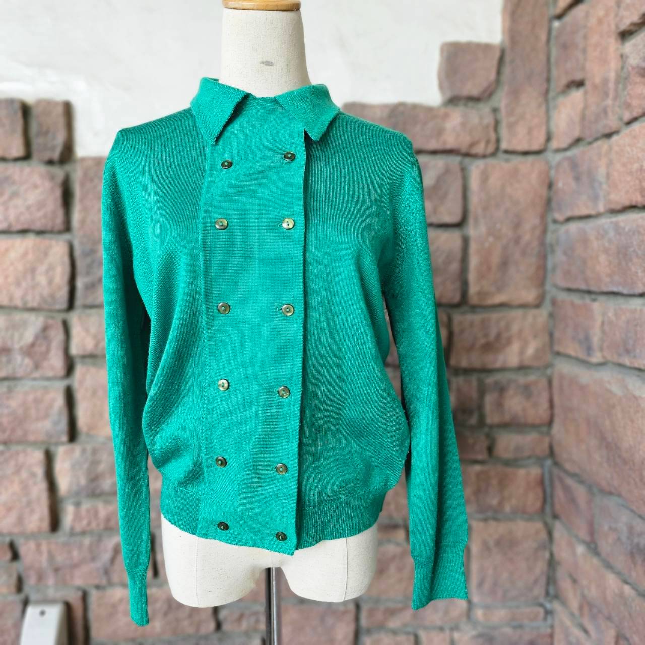 Euro Vintage(ヨーロッパヴィンテージ) Vert_70's~ double button knit cardigan/ダブルボタンニットカーディガン 2(Lサイズ程度) グリーン
