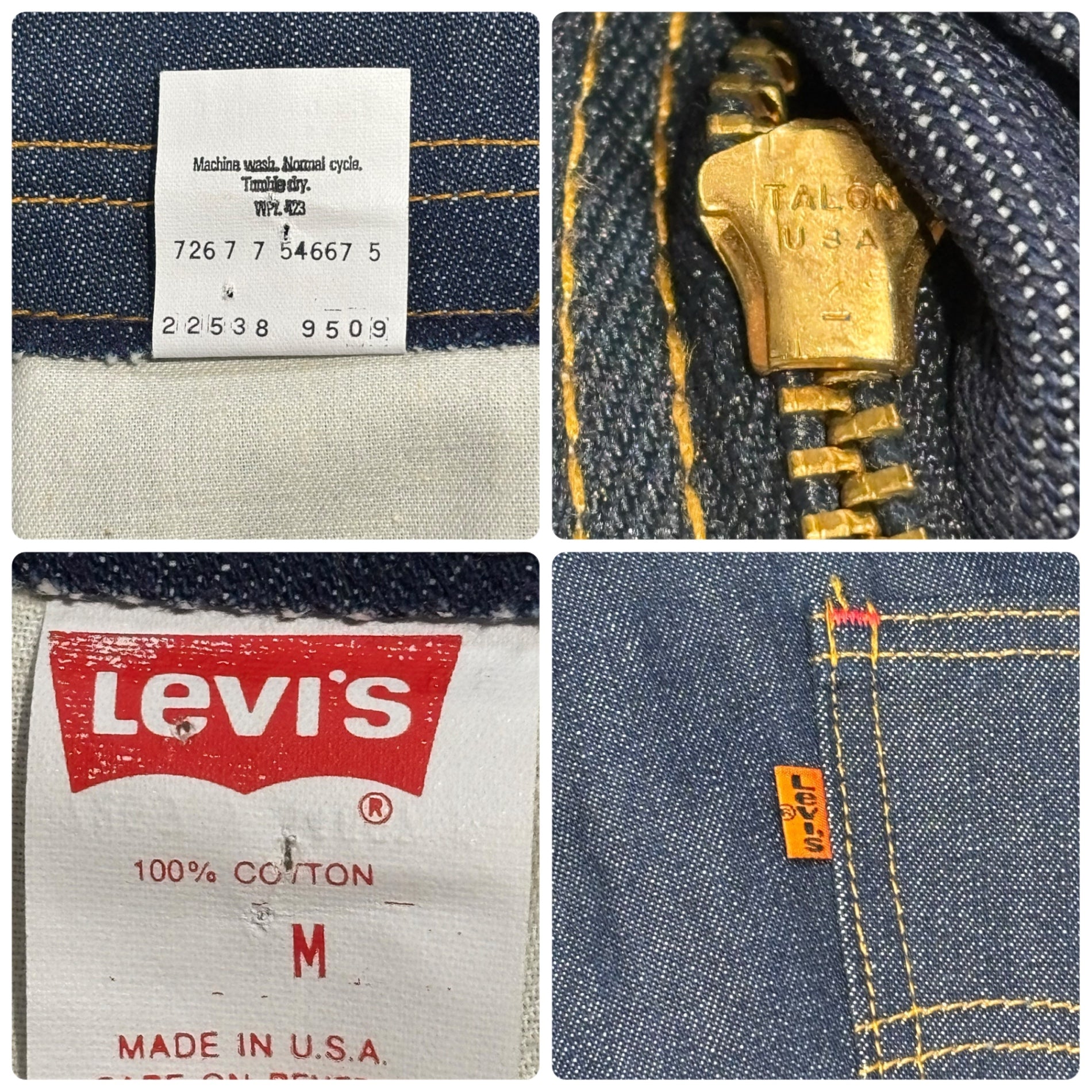 Levi's(リーバイス) 90's USA made Orange Tab Denim overall オレンジタブ デニム オーバーオール 22538-9509 M 38-33 インディゴ 42 TALON USA製 ワイド デッドストック ヴィンテージ 90年代 1995年製