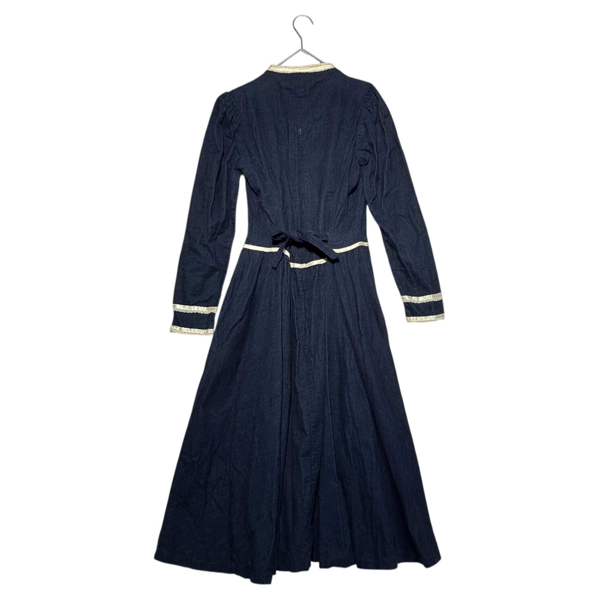 GANNE SAX(ガニーサックス) 70's Pearl Button Puff Sleeve Corduroy Long Dress パールボタン パフスリーブ コーデュロイ ロング ワンピース 5(7号 S程度) ネイビー 70年代 ヴィンテージ