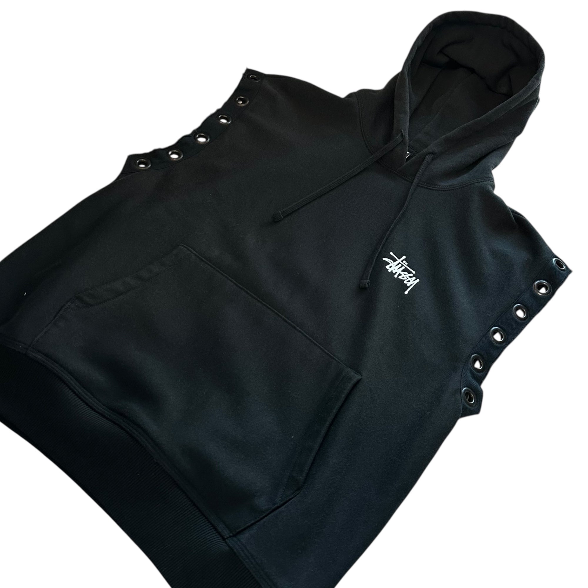 【SALE対象外】eYe JUNYA WATANABE MAN × STUSSY(アイジュンヤマン × ステューシー) 24SS Sleeveless Hoodie with Dove-Eye Design 鳩目 デザイン ノースリーブ パーカー コラボ WM-T909 M ブラック AD2023 BASIC STUSSY HOODIEカスタマイズ