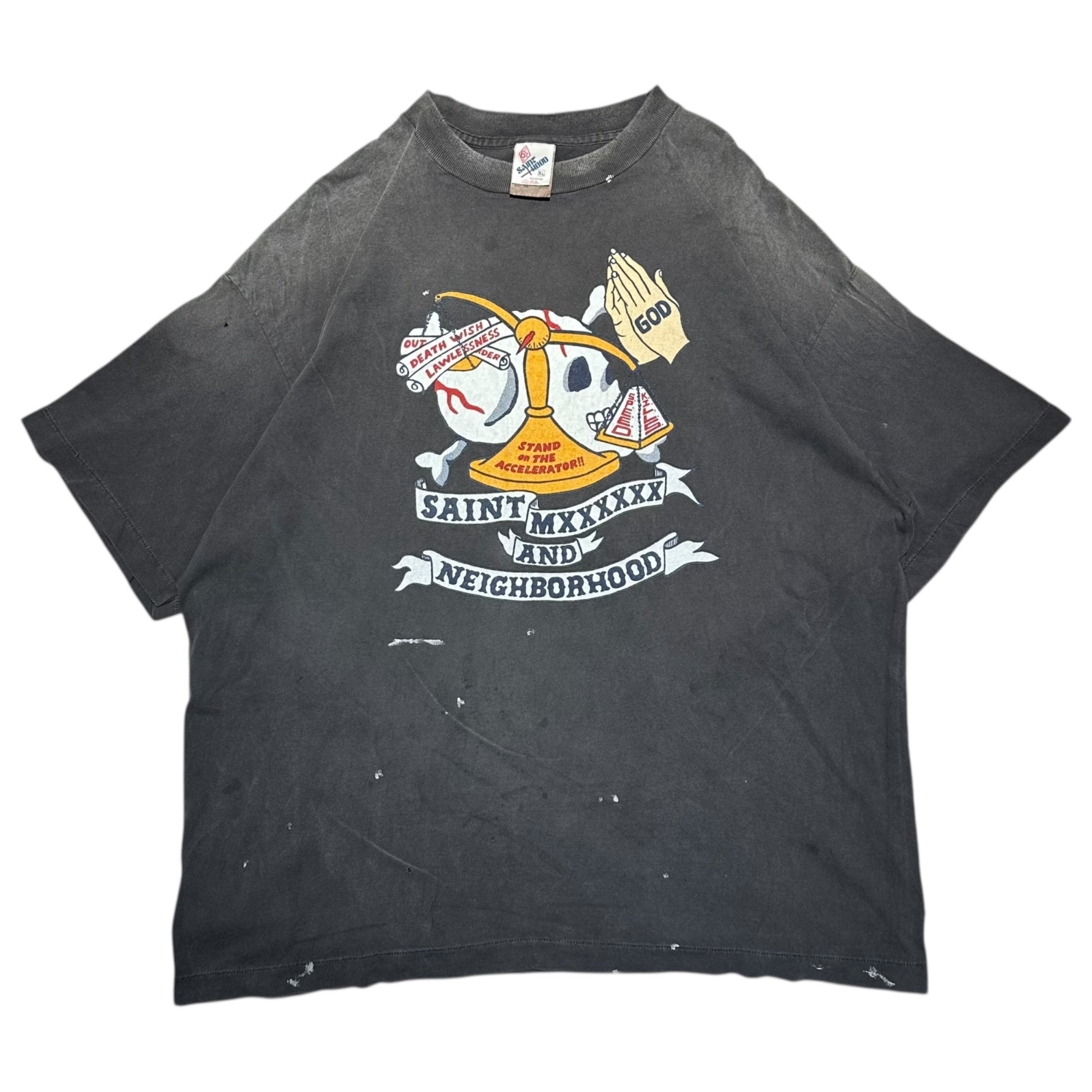 SAINT MICHAEL×NEIGHBORHOOD(セントマイケル×ネイバーフッド) 25SS NH_SS TEE/STHD. PRAY/BLACK ヴィンテージ加工 Tシャツ SM-HR8-0000-C68 XL ブラック