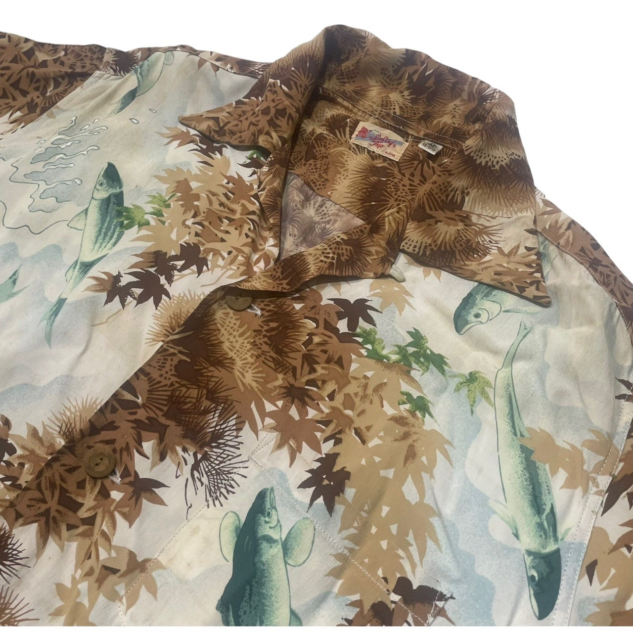 SUN SURF(サンサーフ東洋) RAYON S/S "WILD SWEETFISH" 鮎 アロハ シャツ レーヨン オープンカラー 半袖 SS33333 M ブラウン×アイボリー
