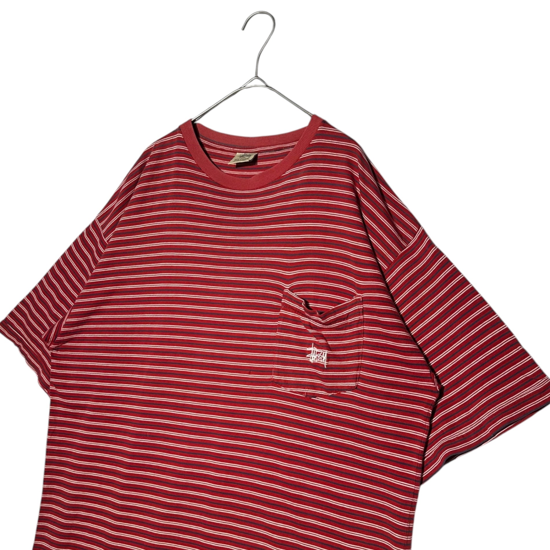 STUSSY(ステューシー) 90's USA made Striped pocket logo T-shirt ストライプ ポケット ロゴ Tシャツ L レッド 90年代 USA製 ヴィンテージ OLD ENJOY YOURSELF 白タグ