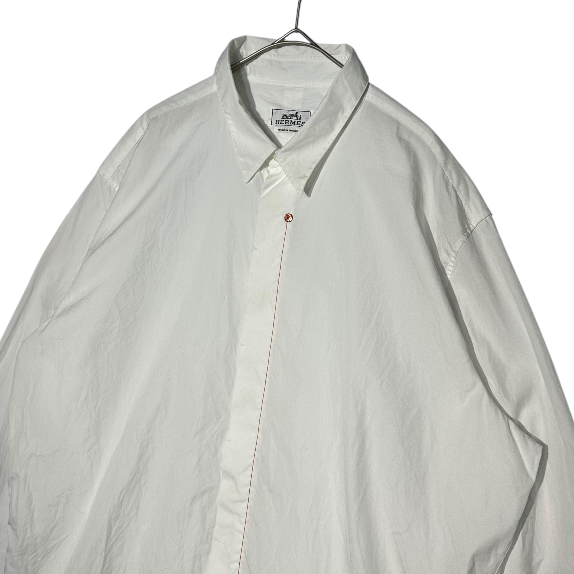 HERMES(エルメス) Sellier Button Orange Stitching Regular Collar Ribbed Long Sleeve Shirt セリエ ボタン オレンジステッチ レギュラーカラー 比翼 長袖 シャツ 43/17 ホワイト×オレンジ フランス製 エルメスジャポンタグ