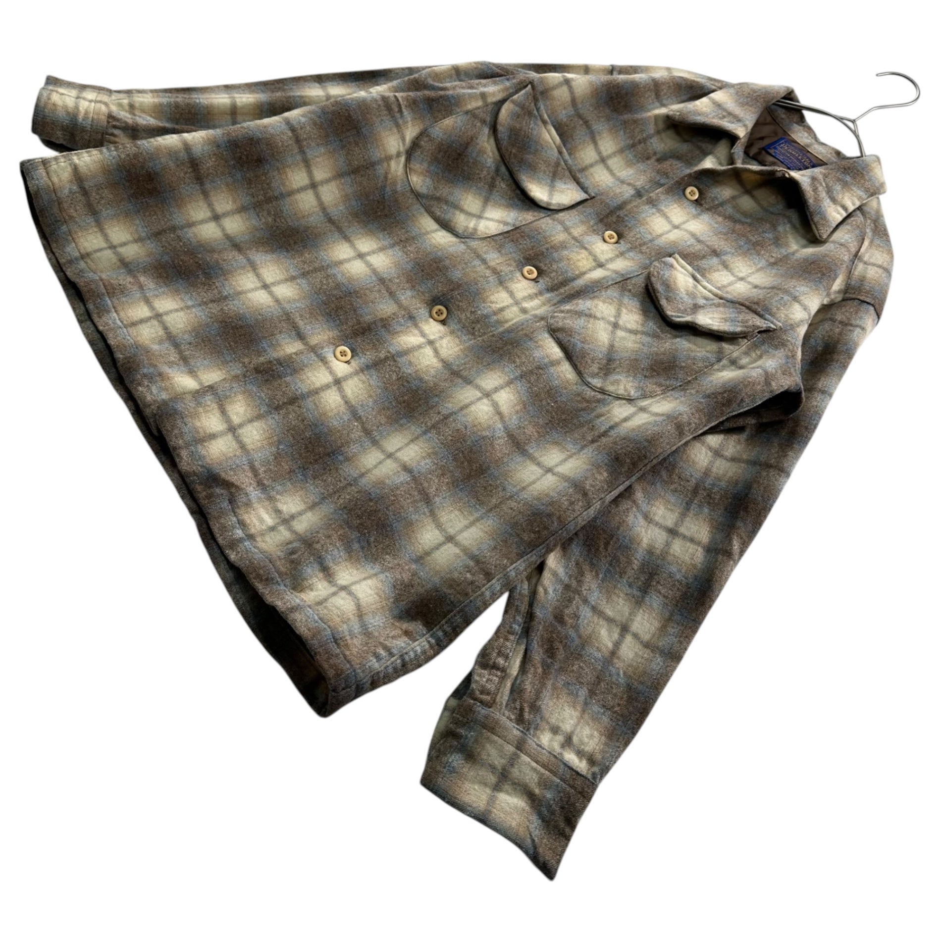 PENDLETON(ペンドルトン) 70's Board Shirt - Ombre Check ボード シャツ オンブレ チェック M ベージュ×スカイブルー 70年代 開襟 オープンカラー ウール ヴィンテージ