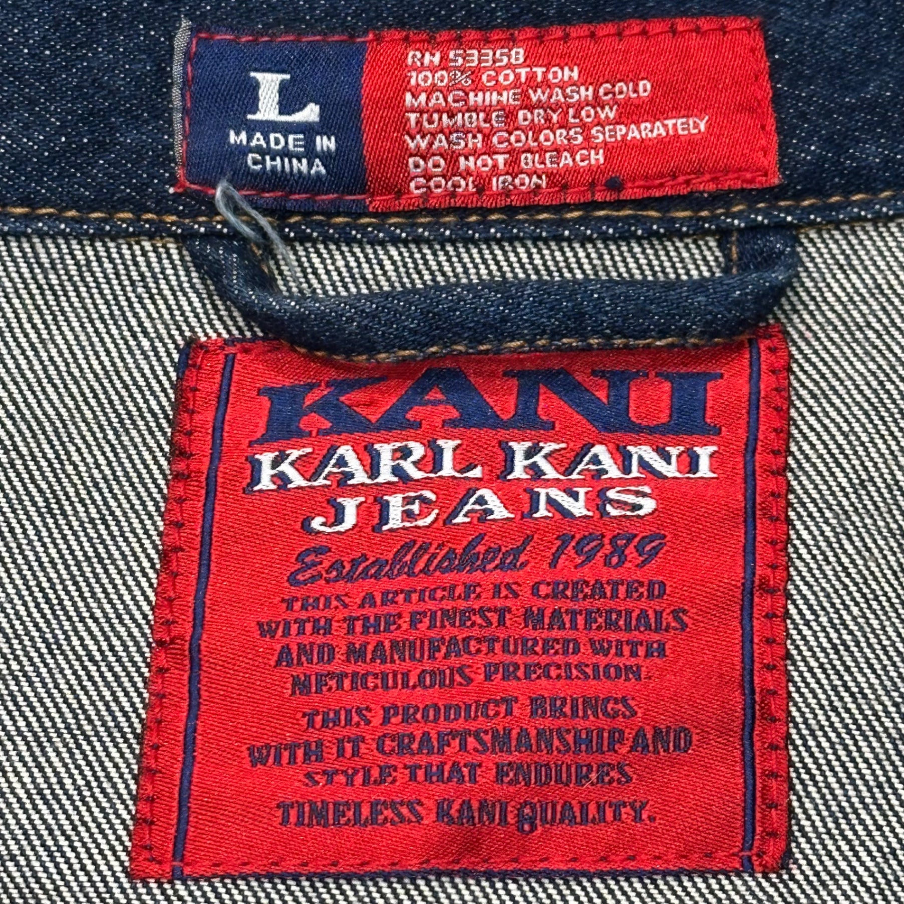 Karl Kani(カールカナイ) 90's Logo 2nd TYPE Denim Tracker Jacket ロゴ 刺繍 デニム トラッカー ジャケット L インディゴ 90年代 ヴィンテージ B系