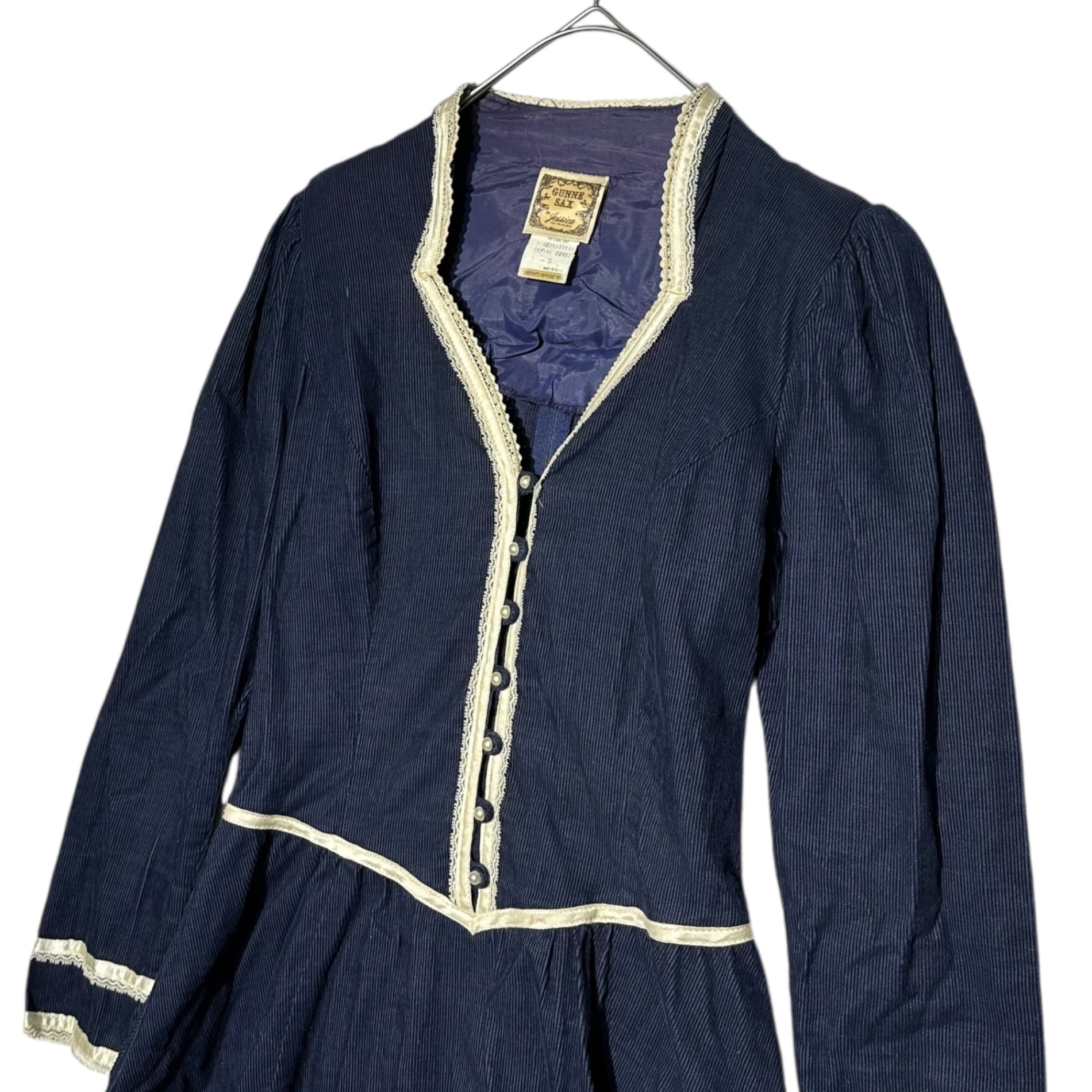 GANNE SAX(ガニーサックス) 70's Pearl Button Puff Sleeve Corduroy Long Dress パールボタン パフスリーブ コーデュロイ ロング ワンピース 5(7号 S程度) ネイビー 70年代 ヴィンテージ