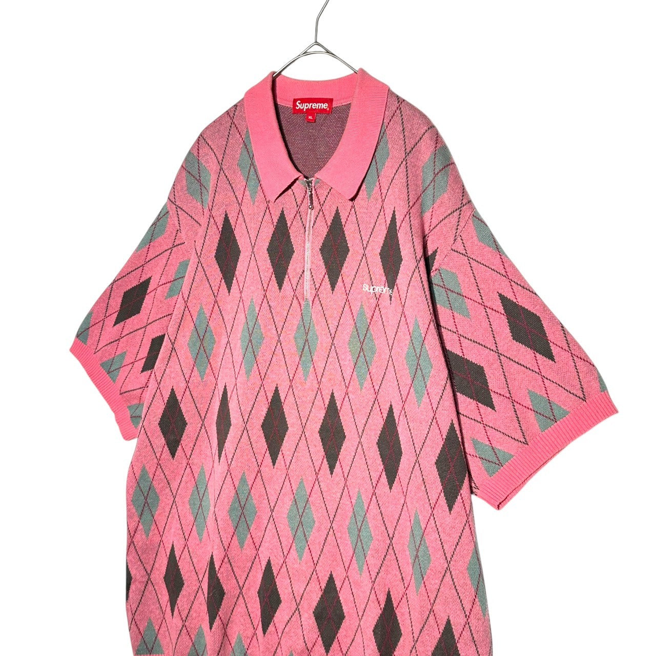SUPREME(シュプリーム) 21AW Argyle Zip Polo アーガイル ニット ジップ 半袖 ポロ シャツ XL ピンク 21FW