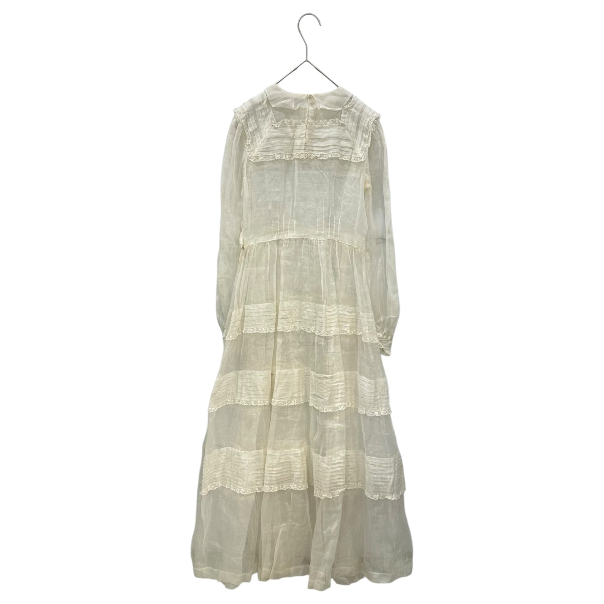 Euro antique(ヨーロッパアンティーク) about 1900's~ organza lace decoratedwith collar dress 20世紀初頭頃のレース装飾オーガンザドレス 表記無し(S程度) ベージュ