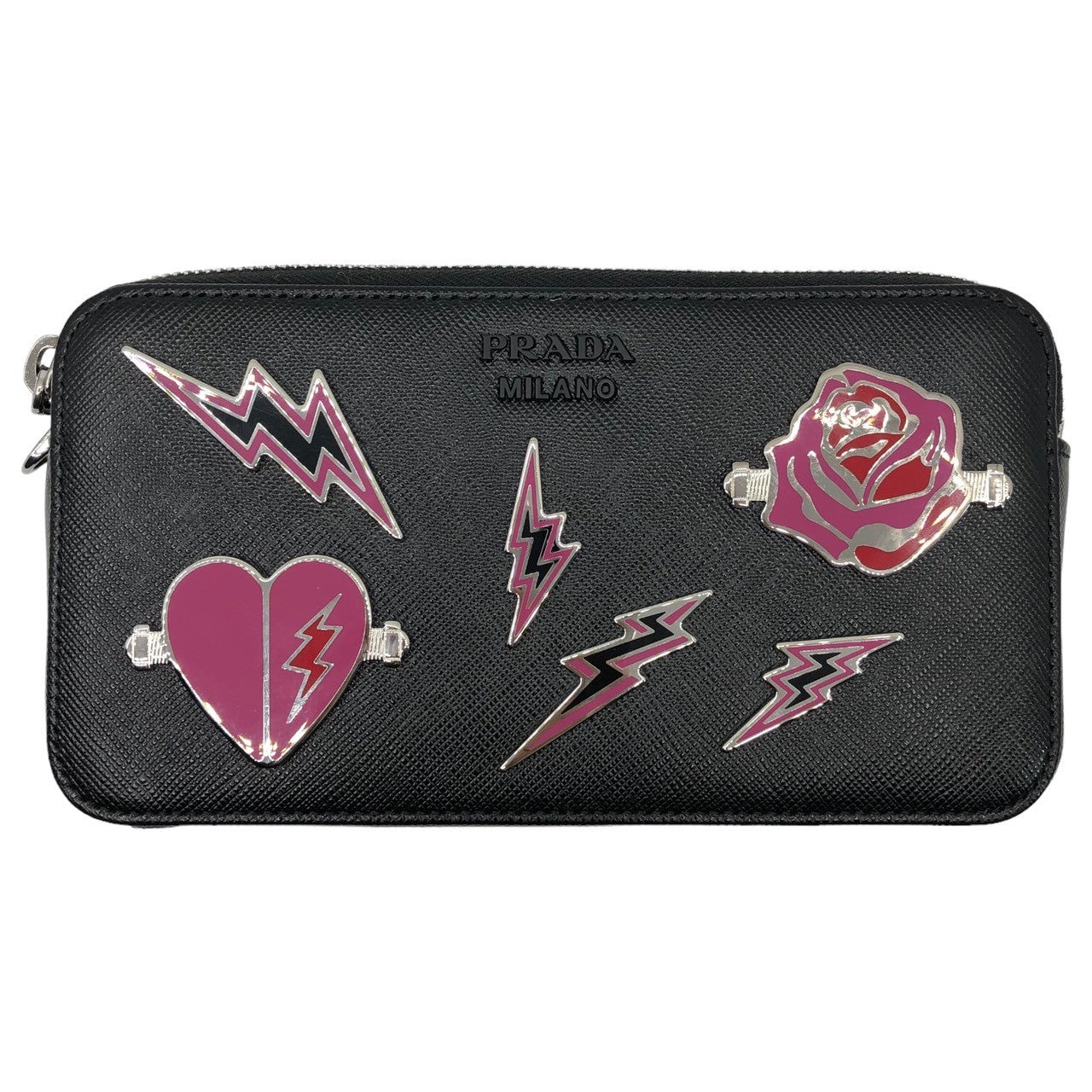 PRADA(プラダ) Metal appliqué saffiano chain shoulder bag メタルアップリケ サフィアーノ チェーン ショルダーバッグ 1DH010 ブラック×ピンク ギャランティカード付属 2DAZ SAFFIANO SMALTO レザー ロゴ