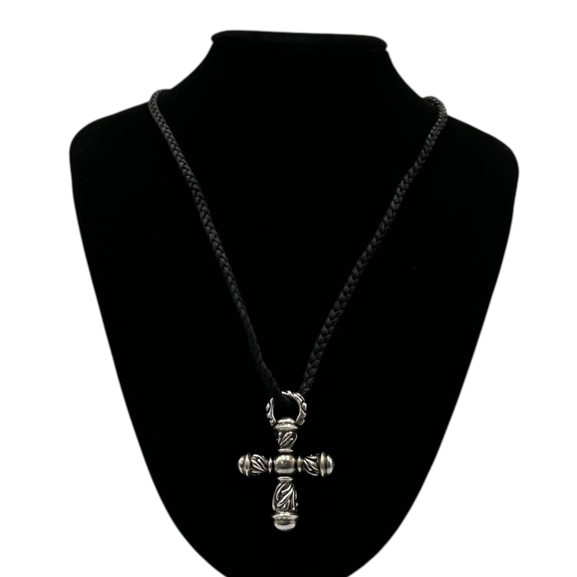 CHROME HEARTS(クロムハーツ) CAMPANA CROSS SML & LEATHER BRAID SCROLL カンパナ クロス スモール & レザー ブレイド スクロール ネックレス シルバー