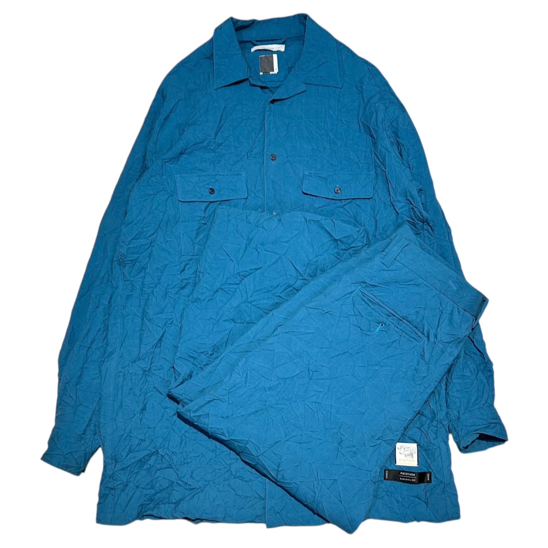 FACETASM(ファセッタズム) Wrinkle-Processed Long Shirt & Wide Cropped Pants Set シワ加工 ロング シャツ & ワイド クロップド パンツ セットアップ TOP:MRC-SH-M10 BOTTOM:MRC-PT-M12 3(S) ブルー セットアップ