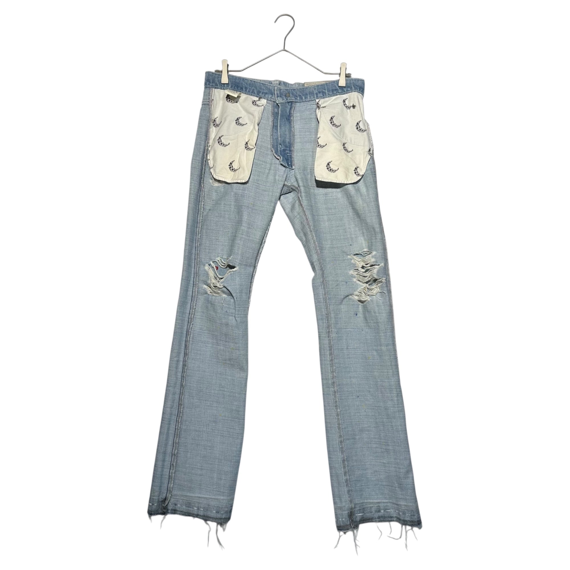 SKINS(スキンズ) Painted Flared Denim Pants ペンキ ダメージ 加工 フレア デニム パンツ 2(M程度) ライトインディゴ 日本製