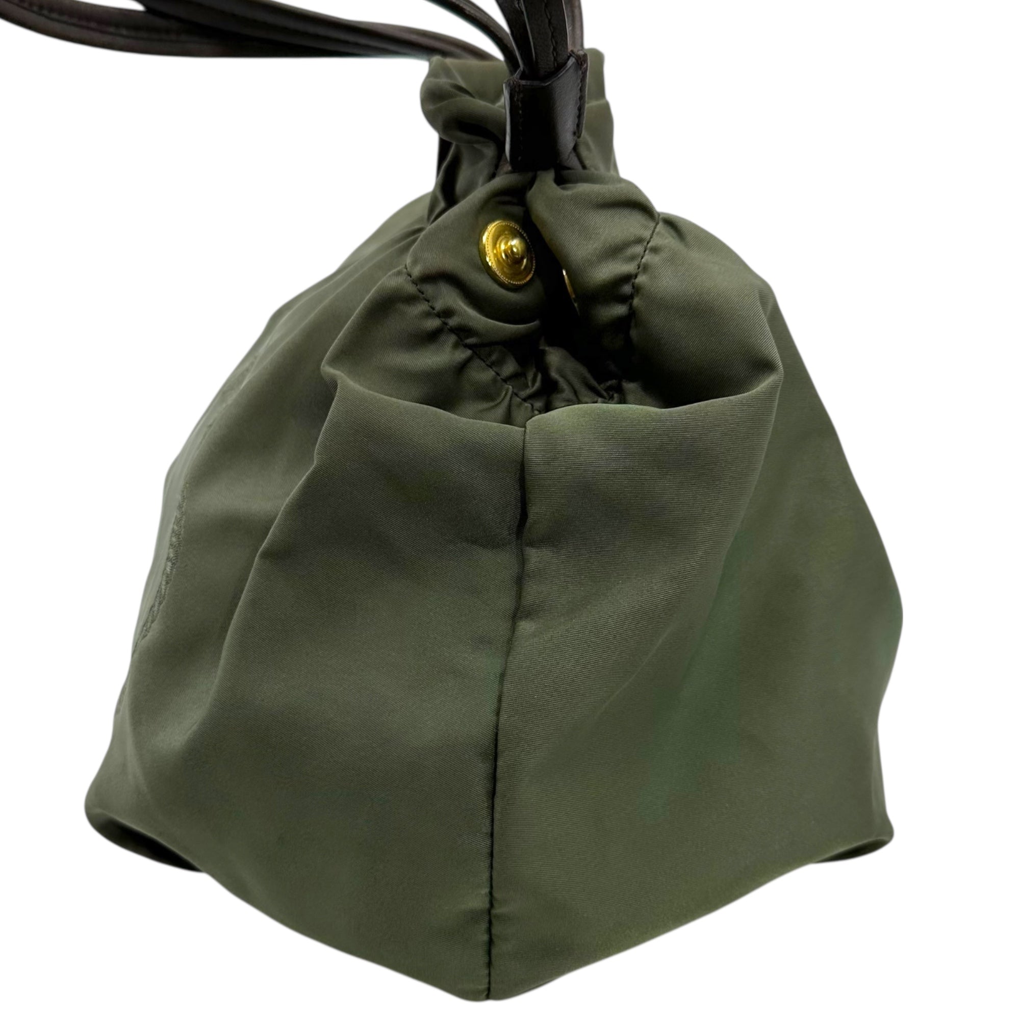 PRADA(プラダ) Logo Nylon Drawstring Tote Bag ロゴ ナイロン 巾着 トート バッグ BR4366 オリーブ×ブラウン ハンド 肩掛け ワンショルダー