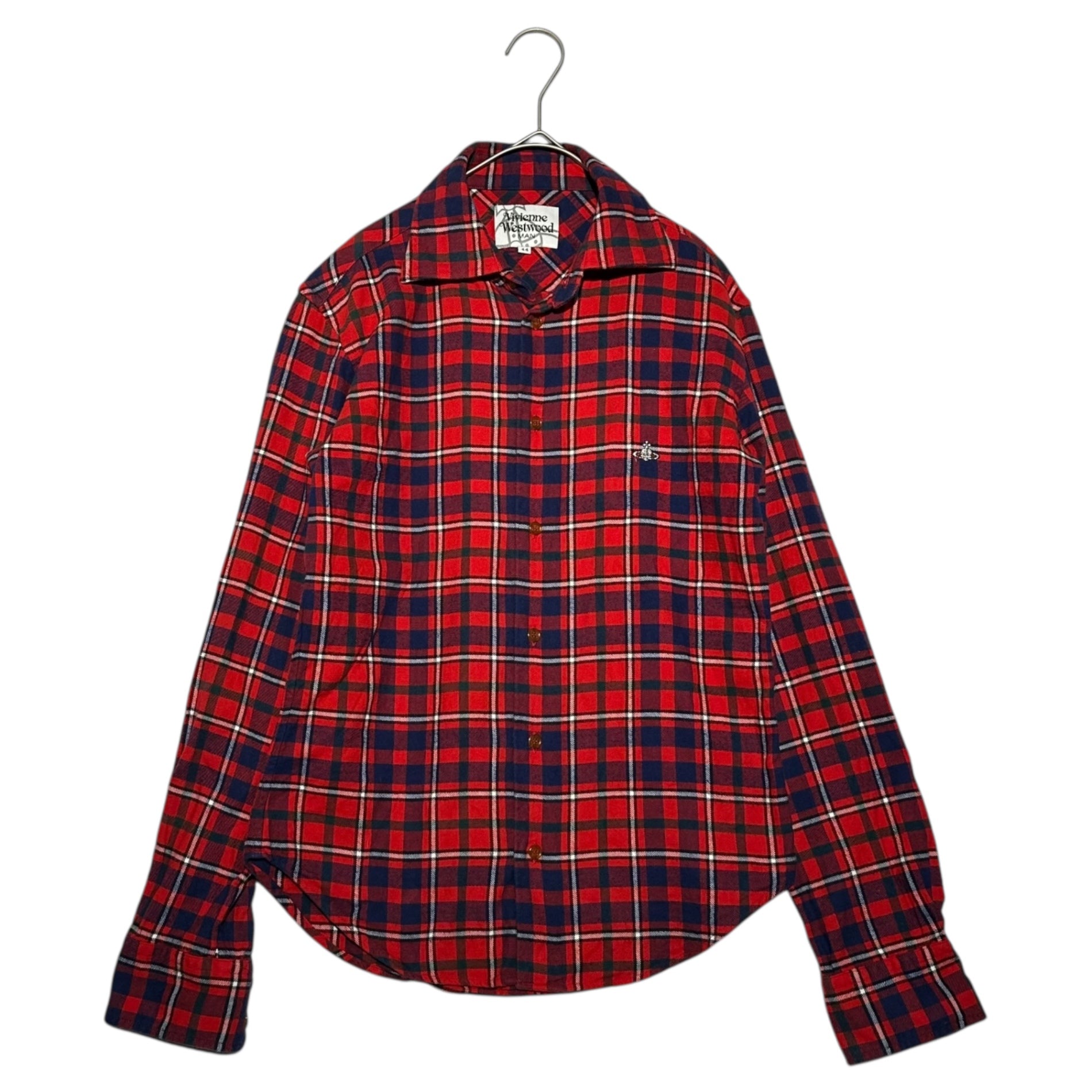 Vivienne Westwood MAN(ヴィヴィアンウエストウッドマン) One-point Check L/S Neck Shirt ワンポイント チェック 長袖 ネルシャツ VW-CR-83745 44(XS程度) レッド×ネイビー
