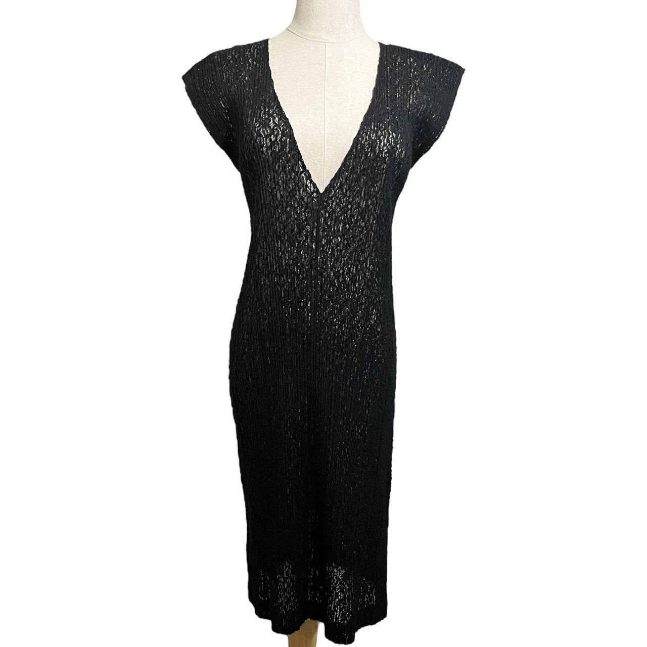 PLEATS PLEASE(プリーツプリーズ) 15AW Lace pleated dress 総レース プリーツ ワンピース PP53-JK754 3(L程度) ブラック V オープン ネック メッシュ ノースリーブ ドレス