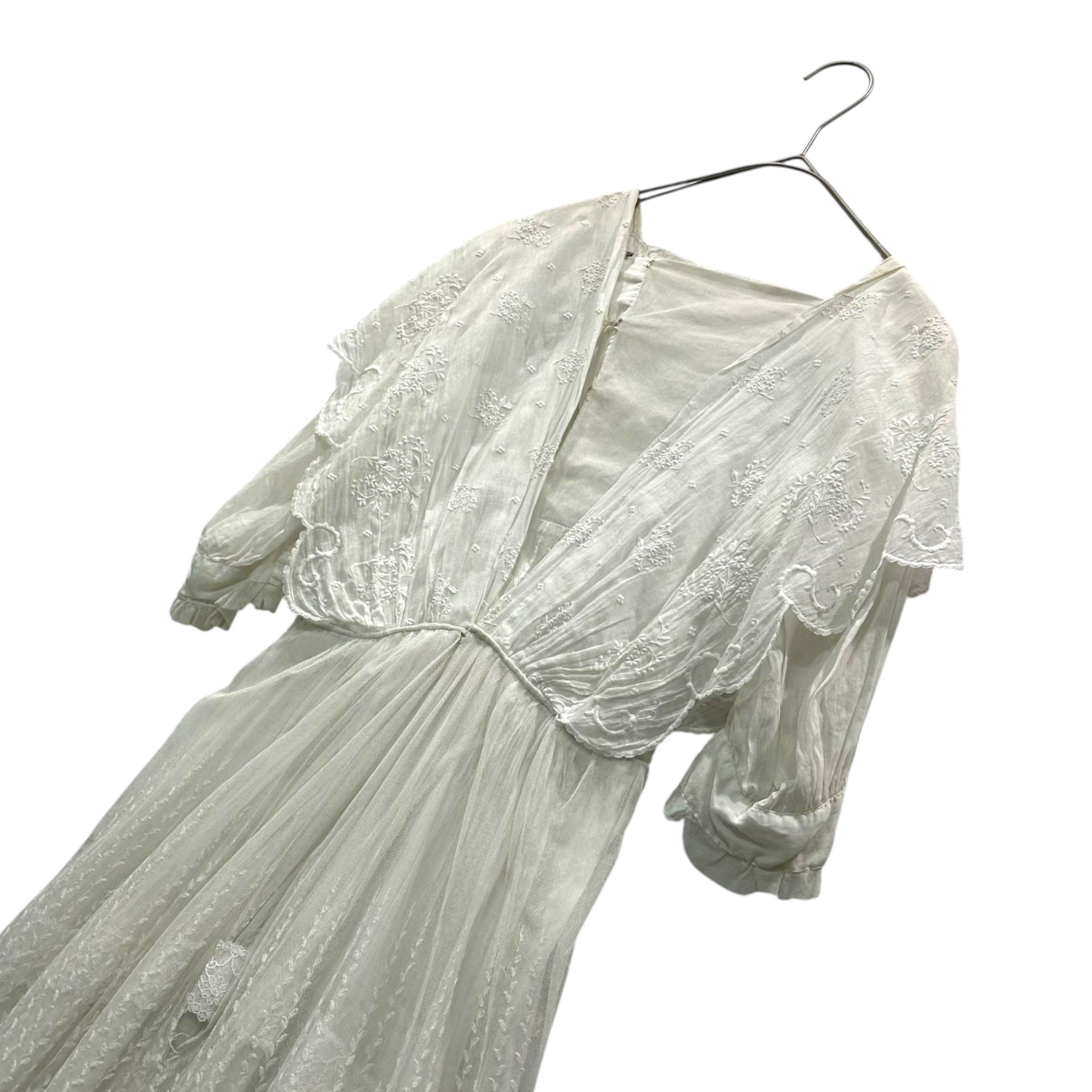 Euro antique(ヨーロッパアンティーク) 1920's~ white cotton lace tulle layered dress onepiece コットンとチュールのレース重ね着ドレス ワンピース 表記無(ML程度) ホワイト 20世紀初頭