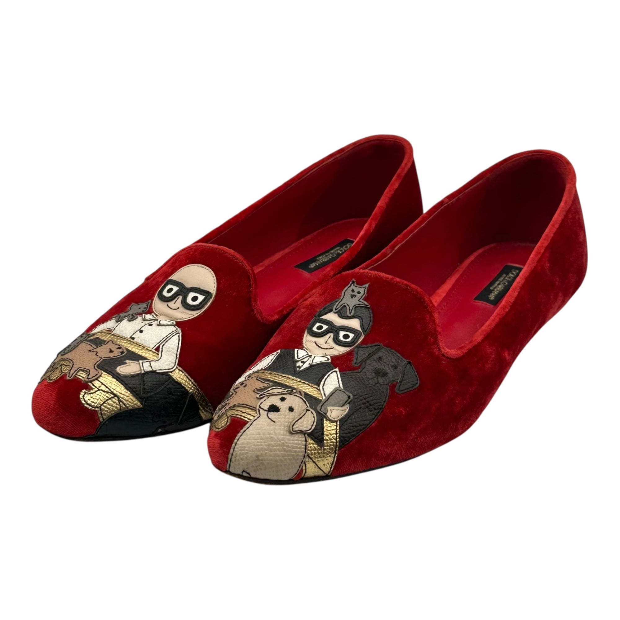 DOLCE&GABBANA(ドルチェ&ガッバーナドルガバ) Human & Dog Patch Velvet Opera Shoes ヒューマン & ドッグ ワッペン ベルベット オペラシューズ 37(23.5cm程度) レッド