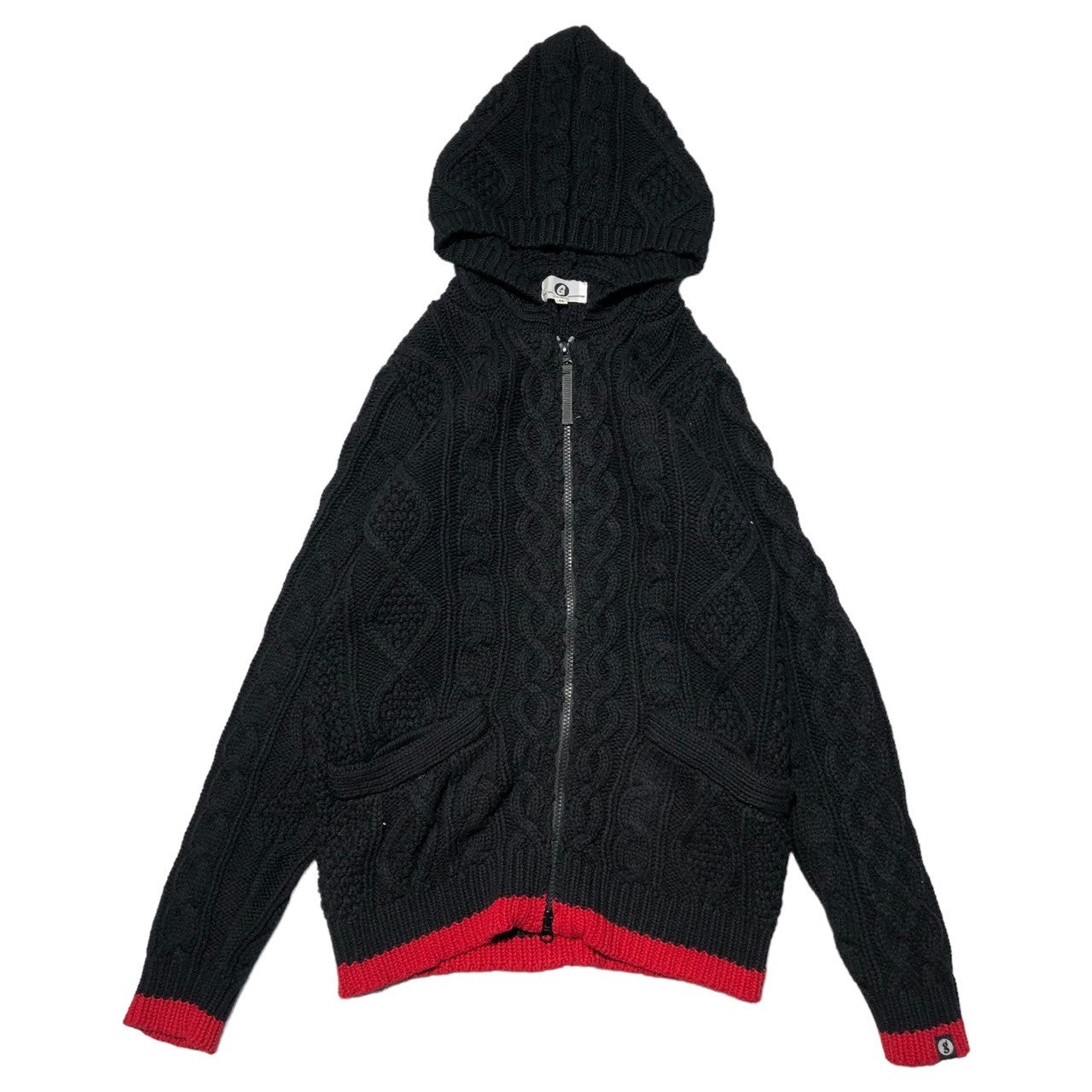 GOODENOUGH(グッドイナフ) 15AW CABLE KNIT ZIP PARKA ケーブルニット ジップアップ パーカー 復刻 GE-155004 M ブラック×レッド
