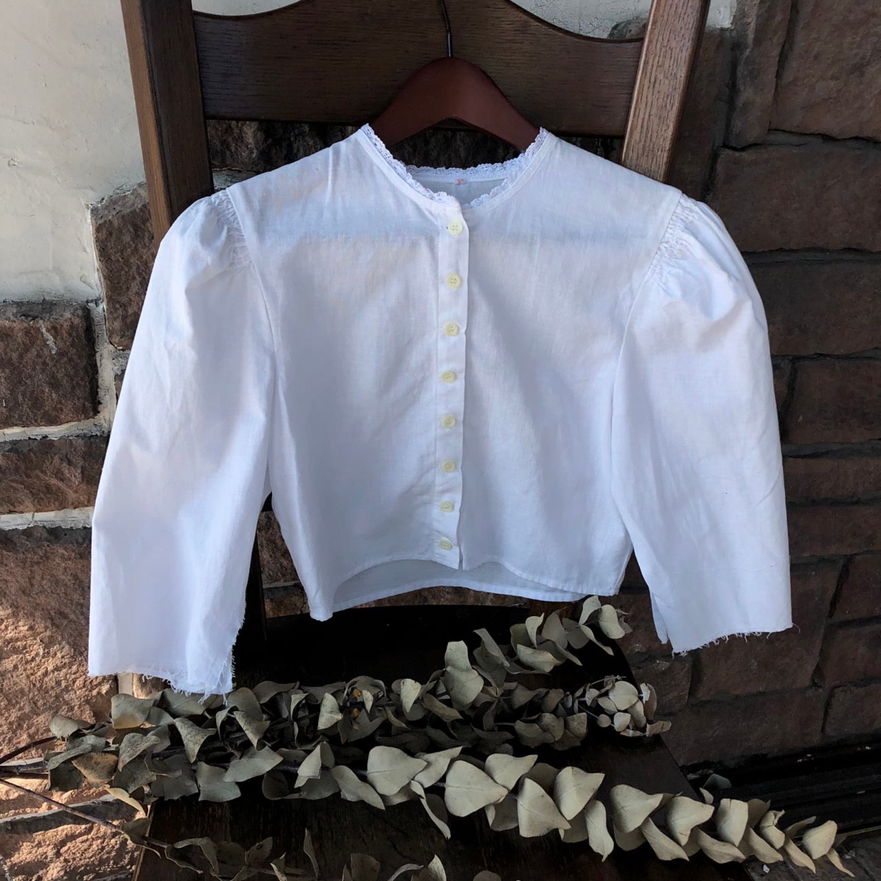 Euro Vintage(ヨーロッパヴィンテージ) 切りっぱなしBaumwollミニレースブラウス 40(Lサイズ程度) ホワイト